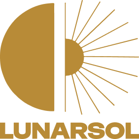 LUNARSOL logo with a half-sun and rays on a brown background.