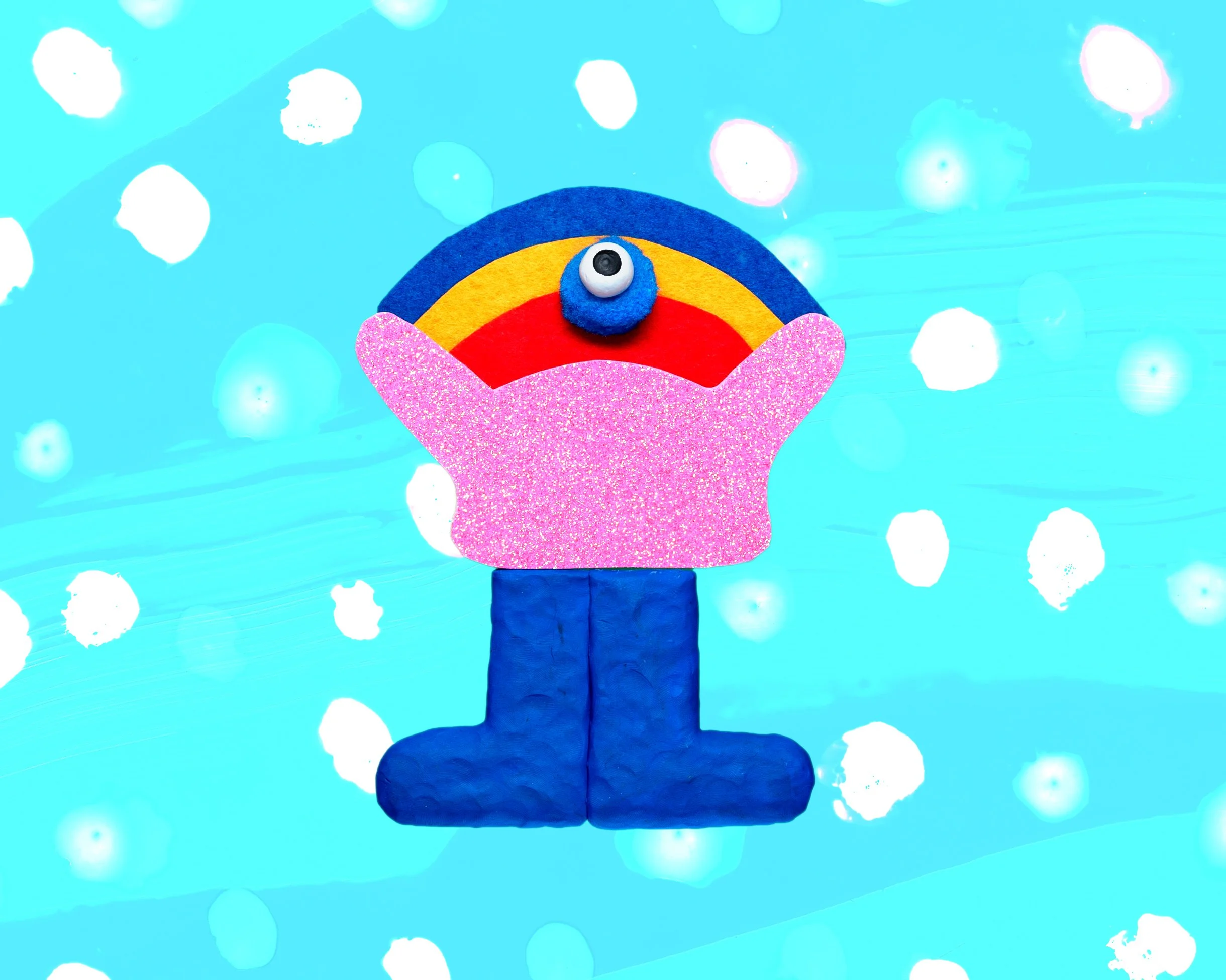 A Pit Pat with a rainbow over it's head, standing against a blue background with white polka dots.