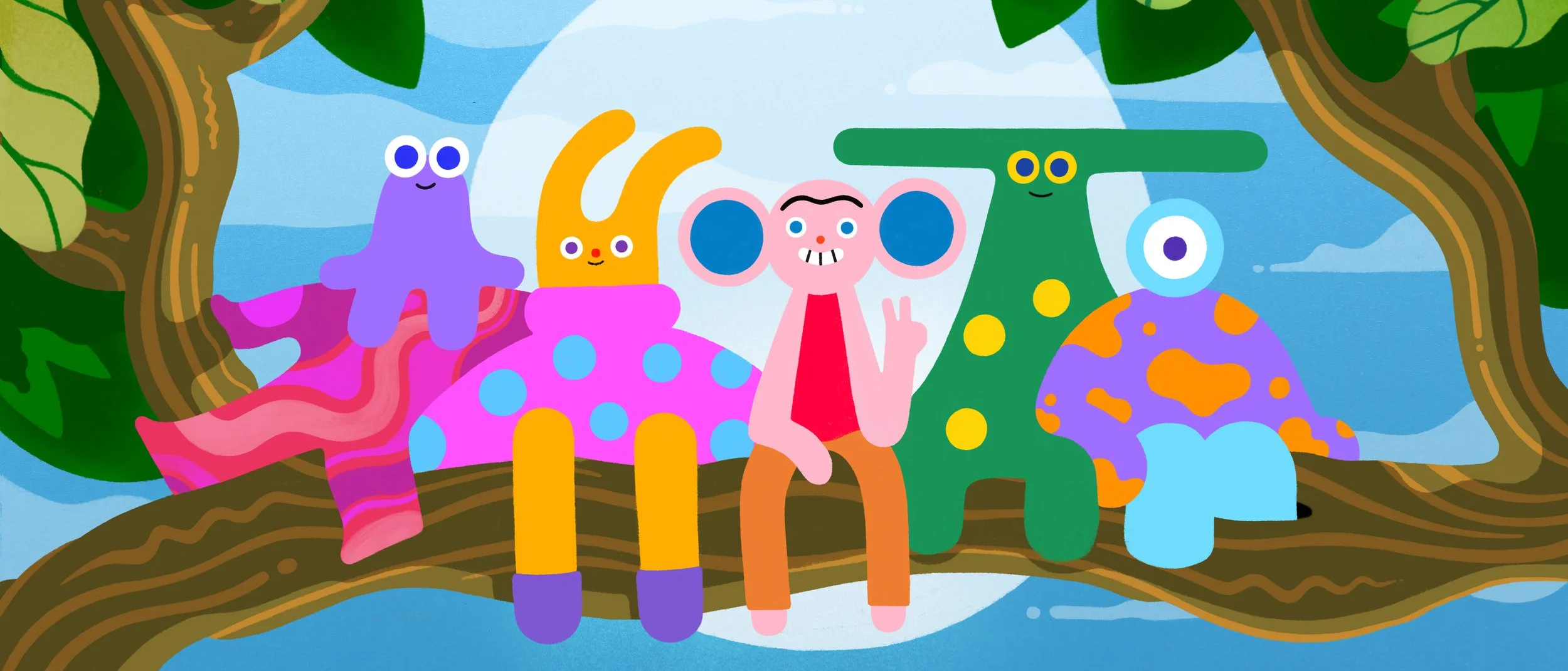 A 2D image of the group of Pit Pats sitting on a tree branch against a blue sky background.