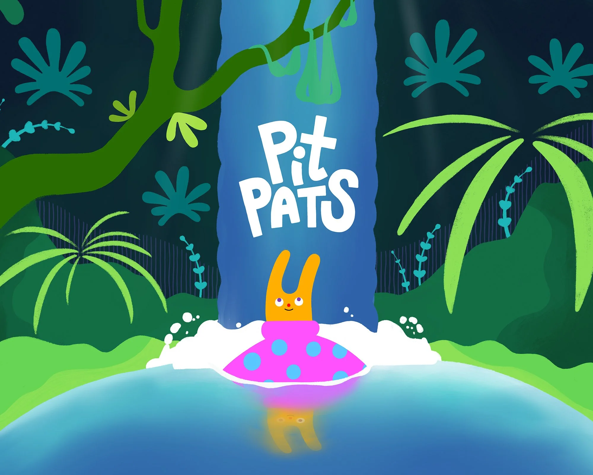 A Pit Pat with a pink dress and blue polkadots sitting under a waterfall surrounded by green plants and trees in a jungle setting.