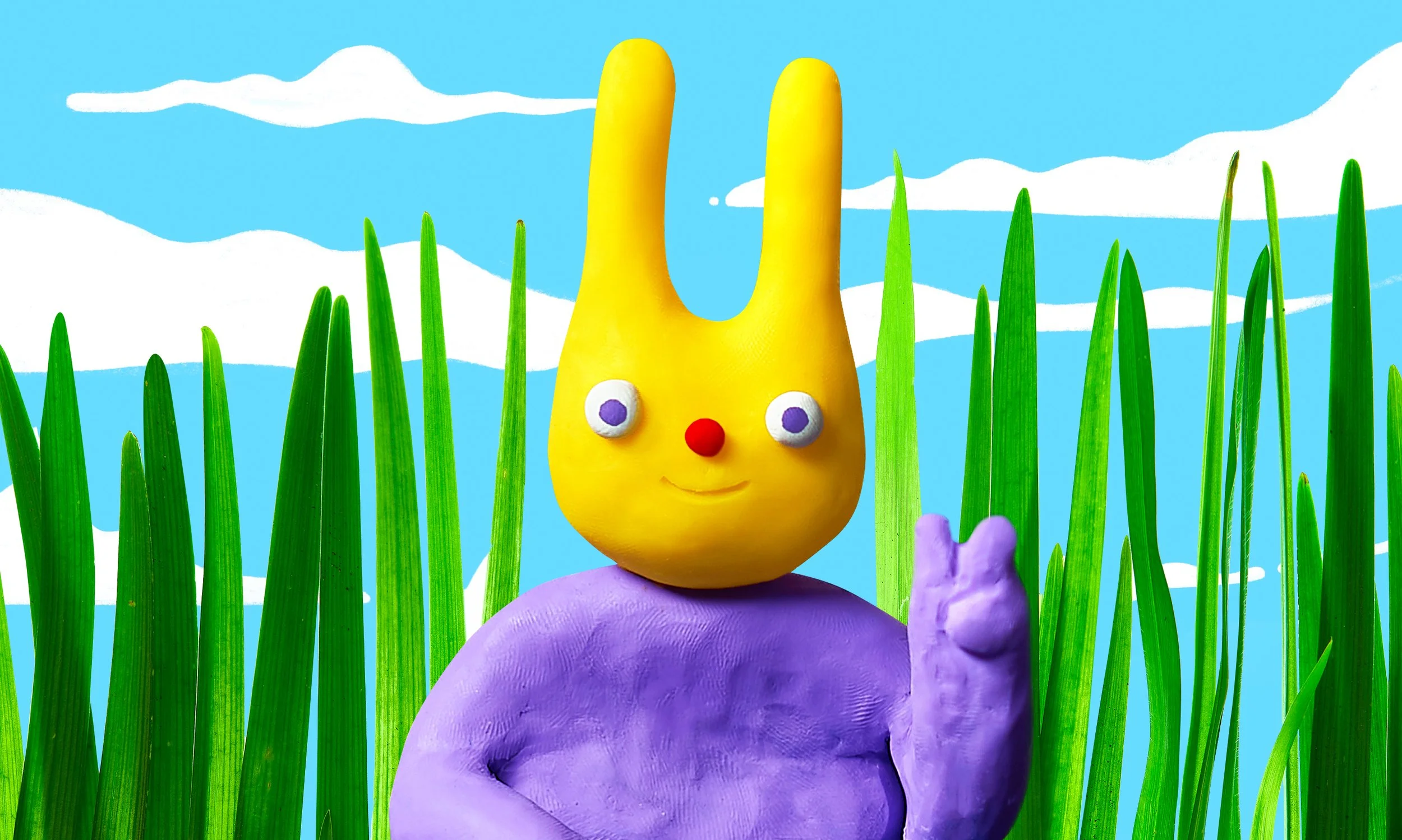 A mixed media image of a claymation Pit Pat against a background of grass and a blue sky with fluffy clouds.