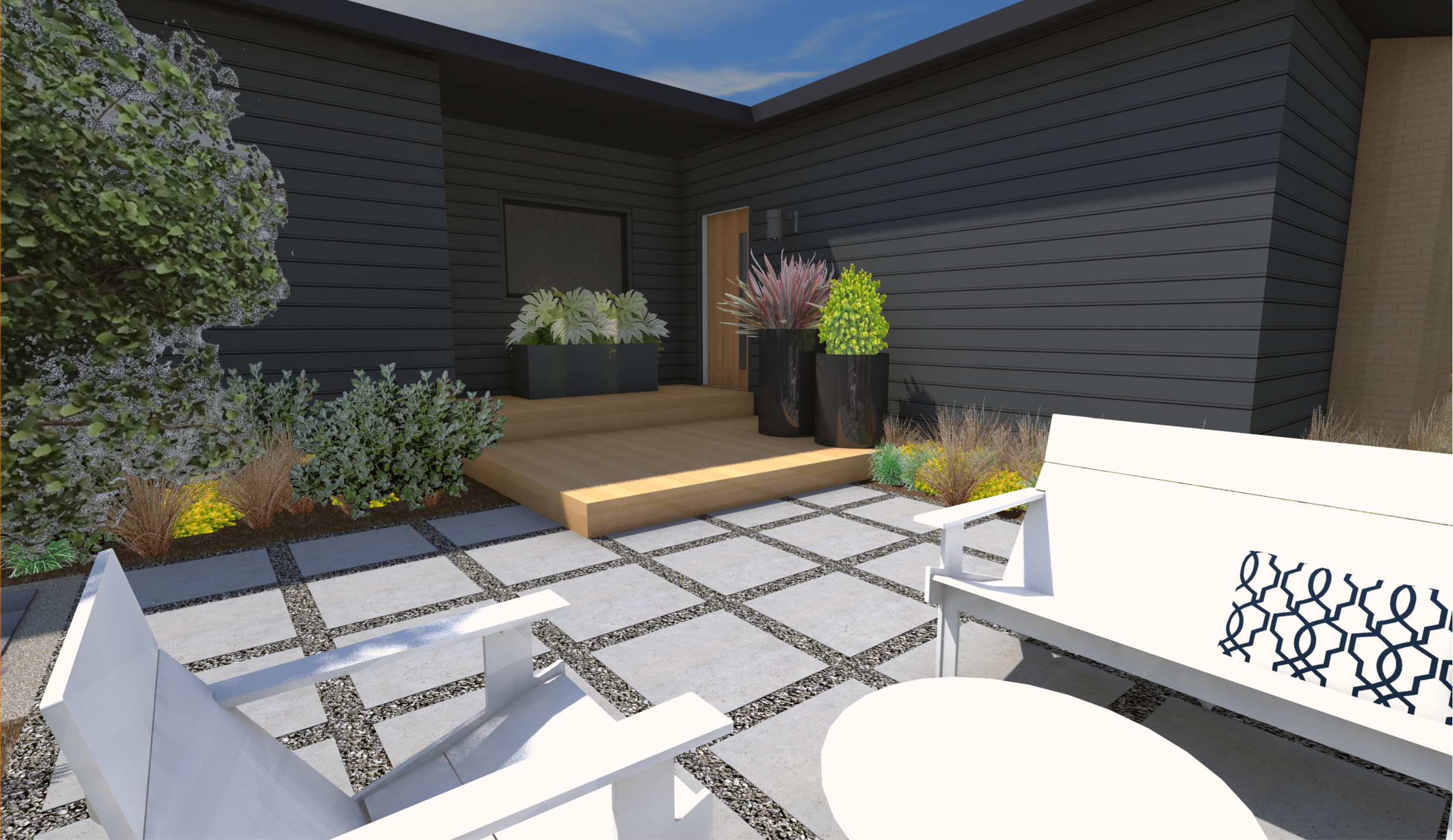 Modern Portland front entry landscape design 3D visualization showing geometric paver patio and container plantings