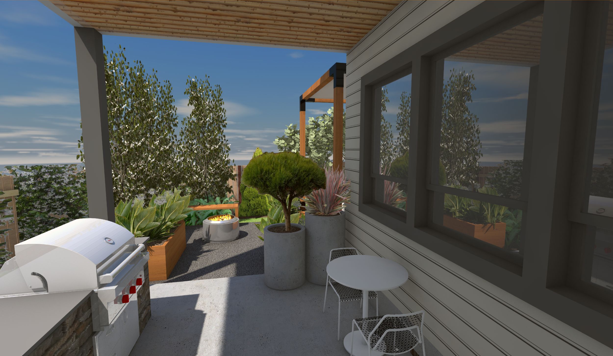 Contemporary Portland patio design with built-in grill, modern pergola structure and low-maintenance potted plantings