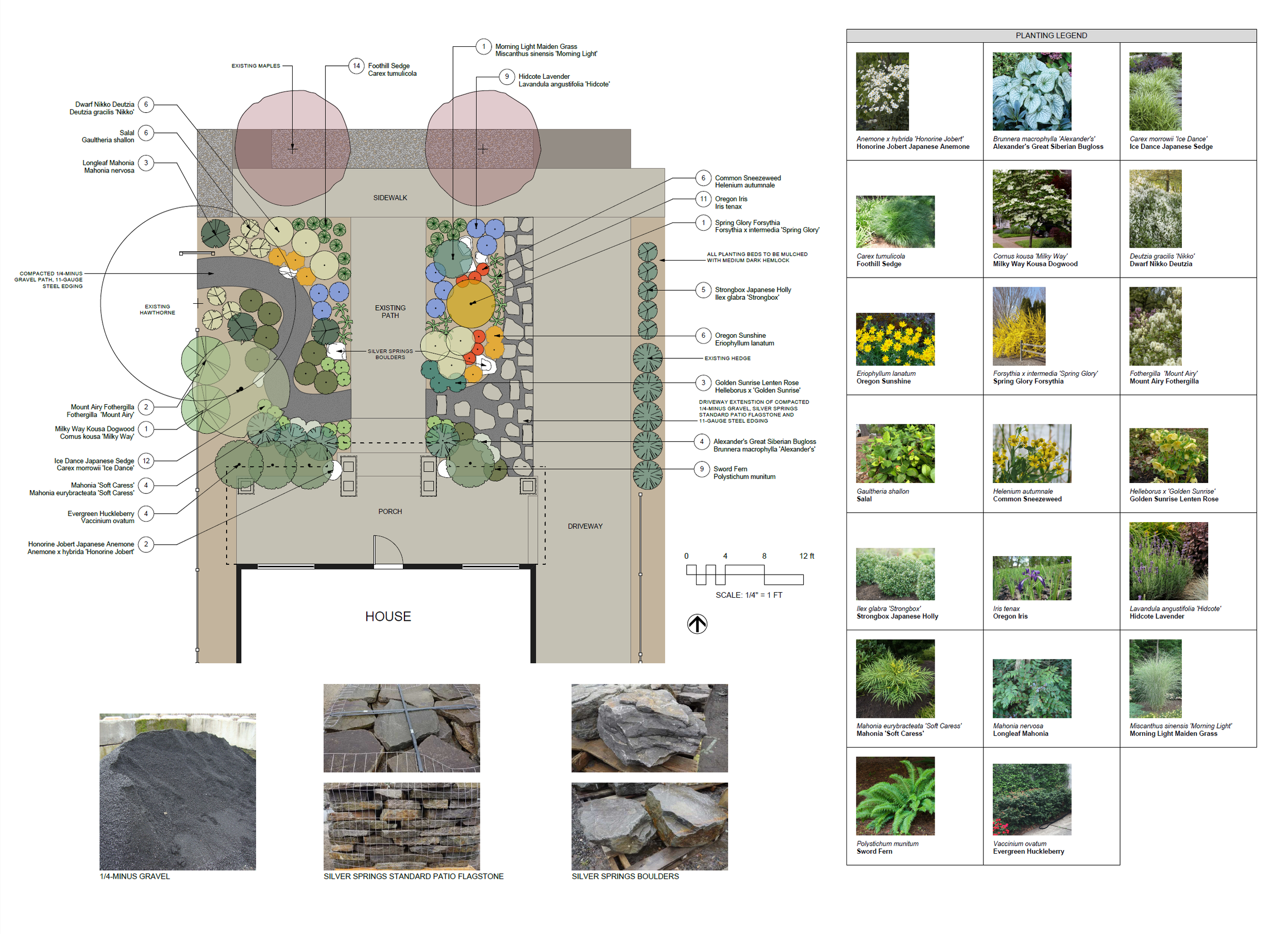 Portland residential landscape 2D design plan showing front and side yard layout with native plant palette and sustainable hardscape materials