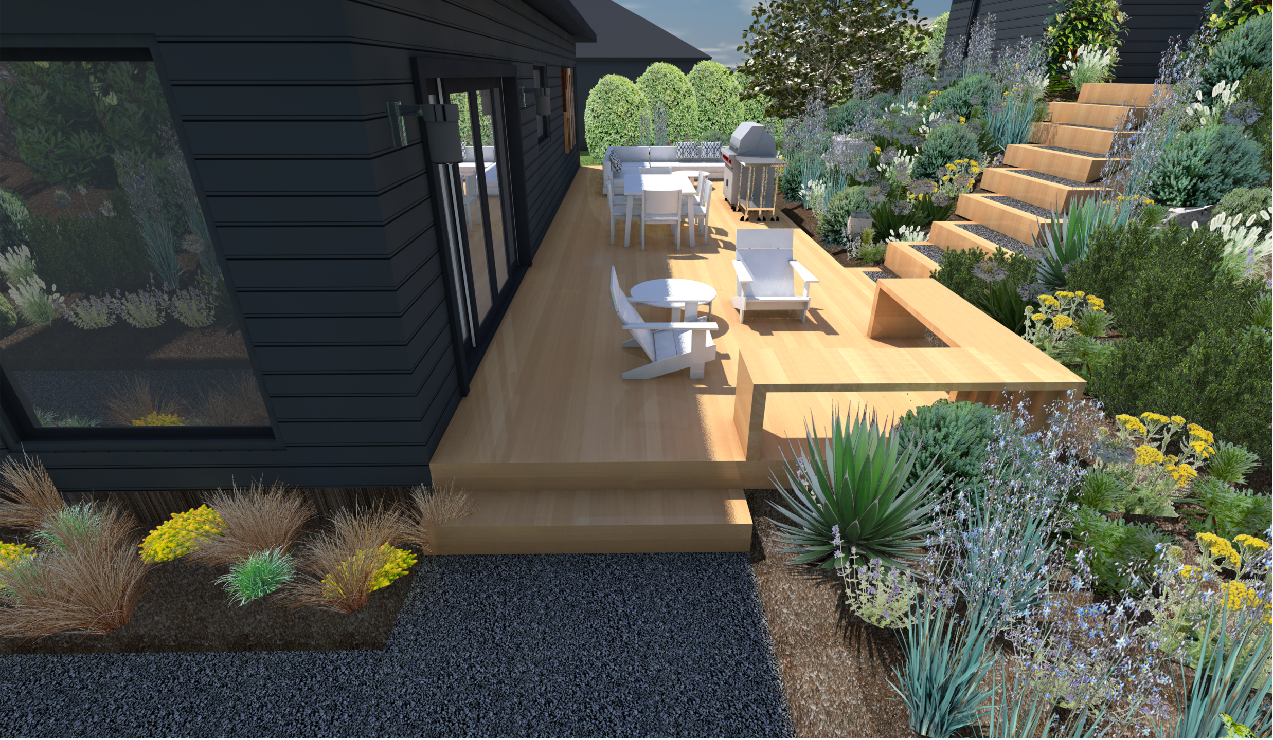 3D rendering of contemporary Portland backyard design featuring wood deck, outdoor dining area and drought-tolerant plantings