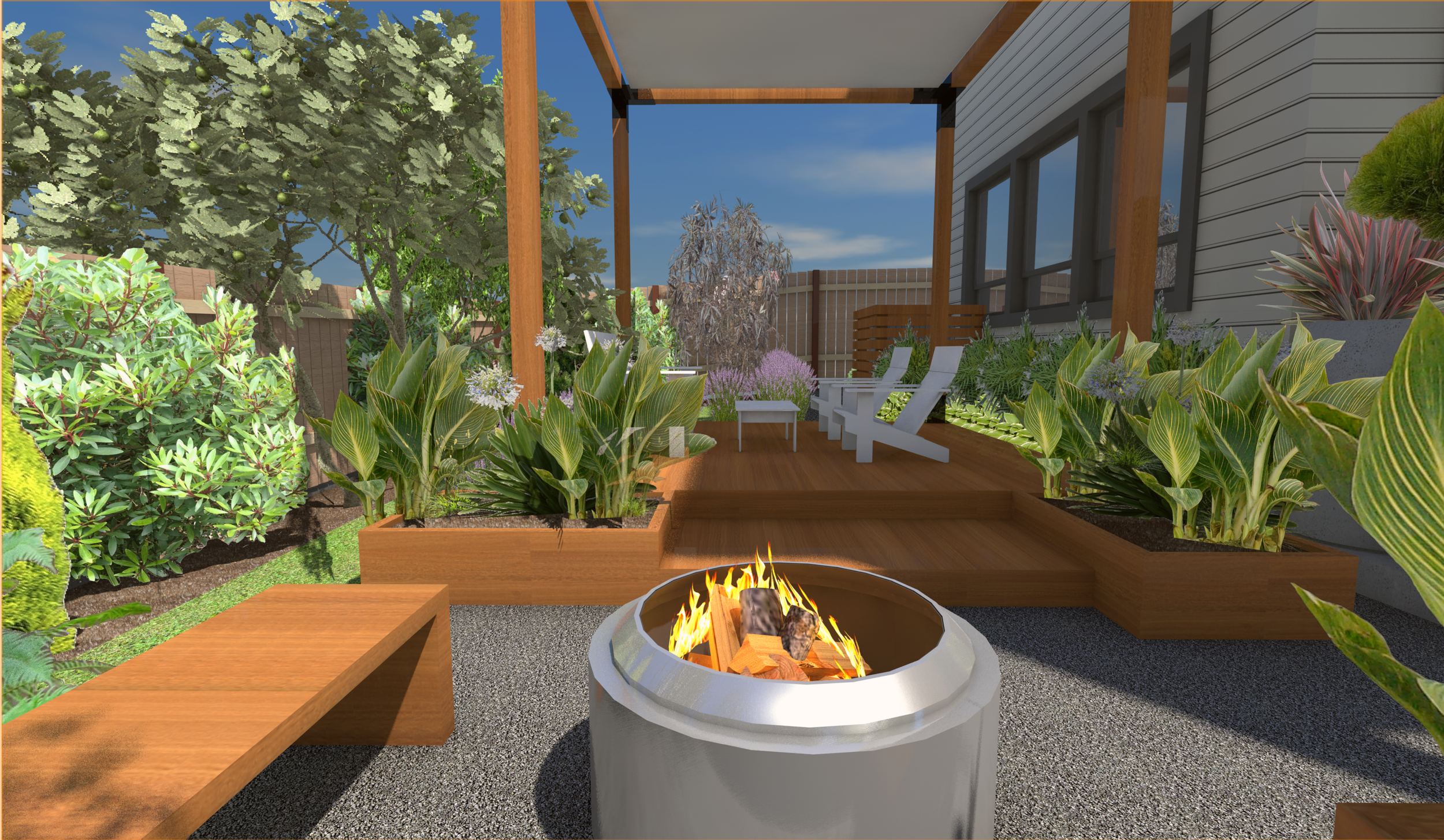3D rendering of contemporary Portland backyard with fire pit, wooden pergola and deck, and raised planter beds with architectural plantings