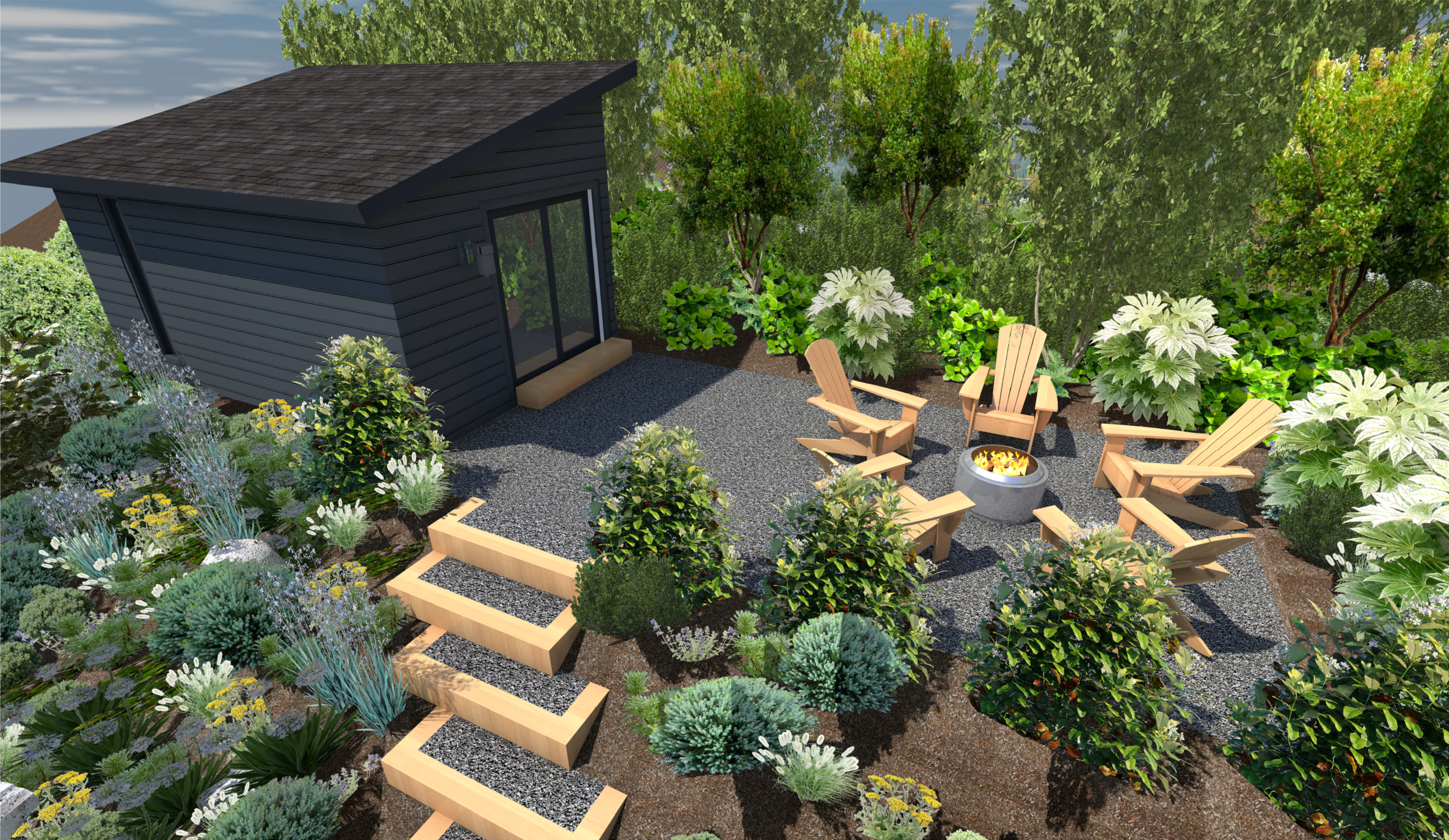Contemporary Portland landscape design 3D rendering featuring studio building, outdoor seating area with fire pit and drought-tolerant plantings