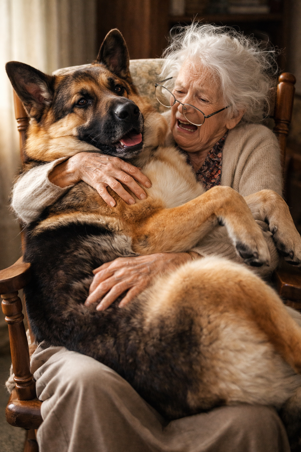 An elderly woman with glasses and curly white hair embraces a large dog in a cozy, warmly lit room.
