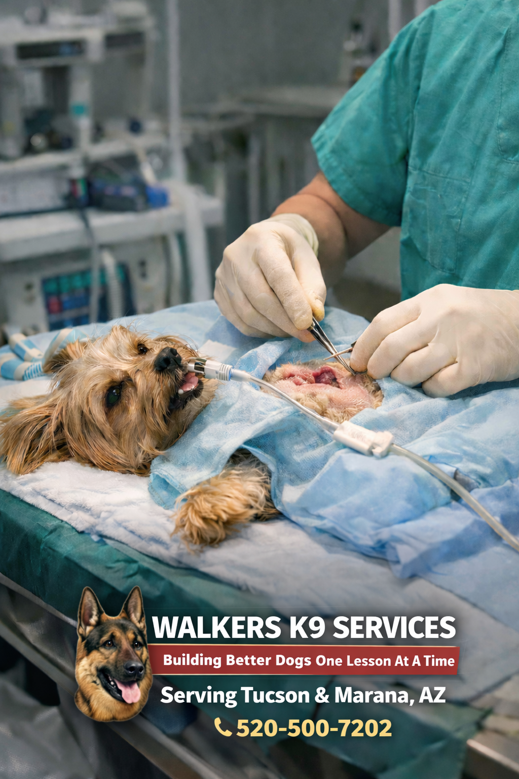 A veterinarian performing surgery on a small dog in an operating room, with the dog lying on a surgical table, under anesthesia, with medical equipment in the background. The image includes text advertising Walker's K9 Services in Tucson & Marana, AZ, with a phone number.