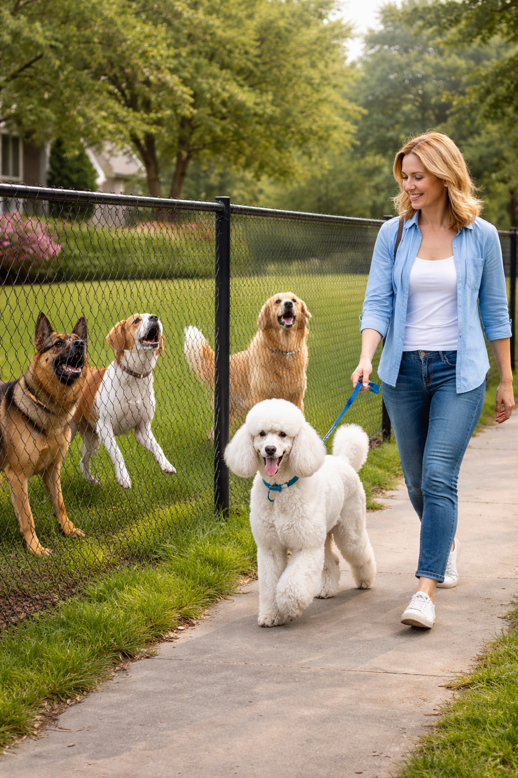 A woman walking a white poodle on a leash past a fenced dog park with several dogs inside, including a German Shepherd, a Boxer, a Golden Retriever, and a small fluffy white dog, on a sunny day.