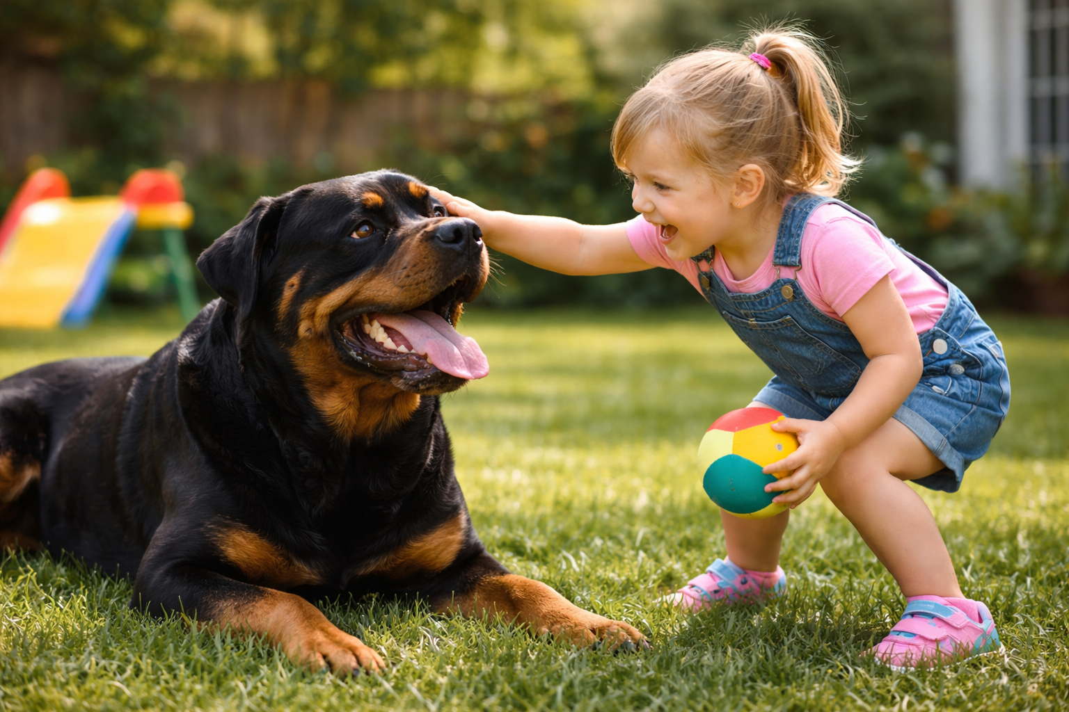 Young girl with a pink shirt and denim overalls playing with a Rottweiler puppy outdoors in a backyard, holding a colorful ball, both appearing happy.