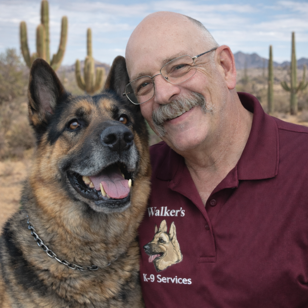 A smiling man with glasses and a mustache wearing a burgundy shirt with the logo 'Walker’s K-9 Services', standing next to a happy German Shepherd in a desert landscape with cacti and mountains in the background.