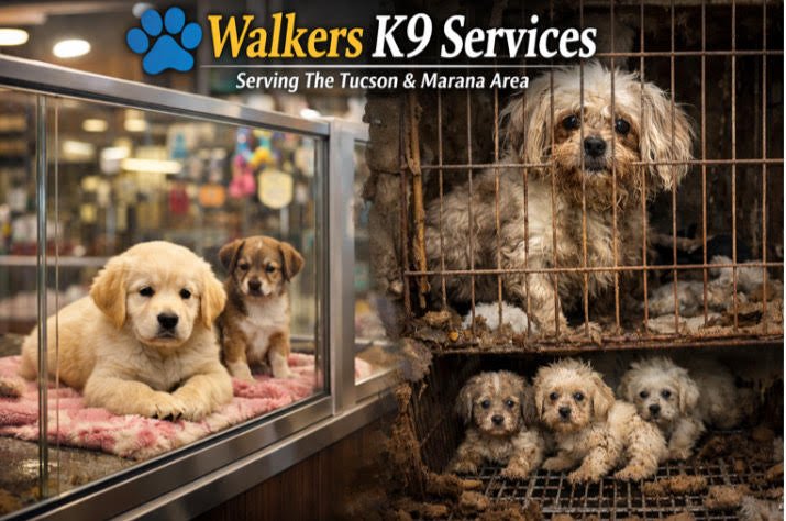 Sign for Walkers K9 Services serving Tucson and Marana area showing various puppies in animal shelter cages.