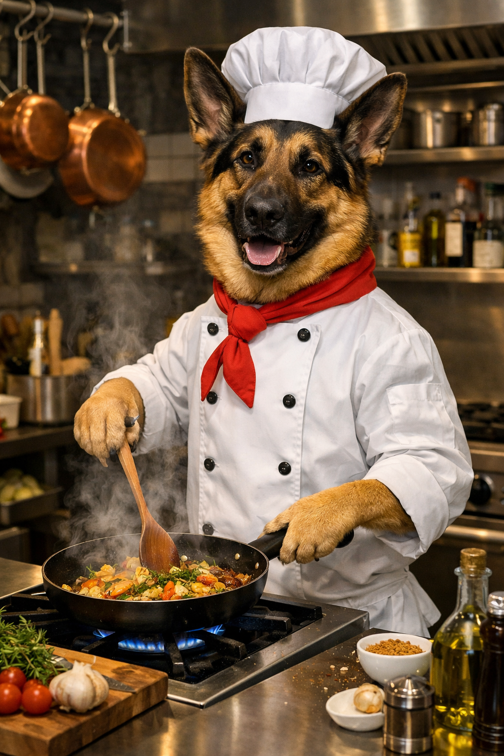 A dog dressed as a chef, wearing a white chef's hat and coat with a red neckerchief, is cooking on a stove in a professional kitchen.