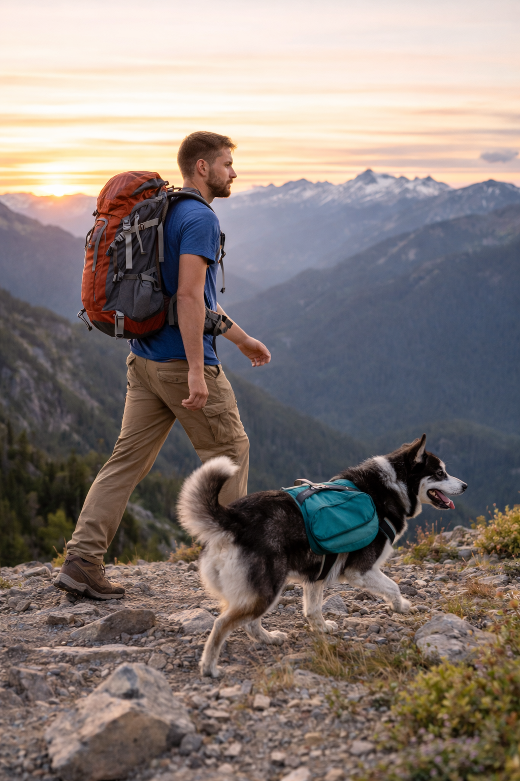 A man hiking with a dog in the mountains at sunset.