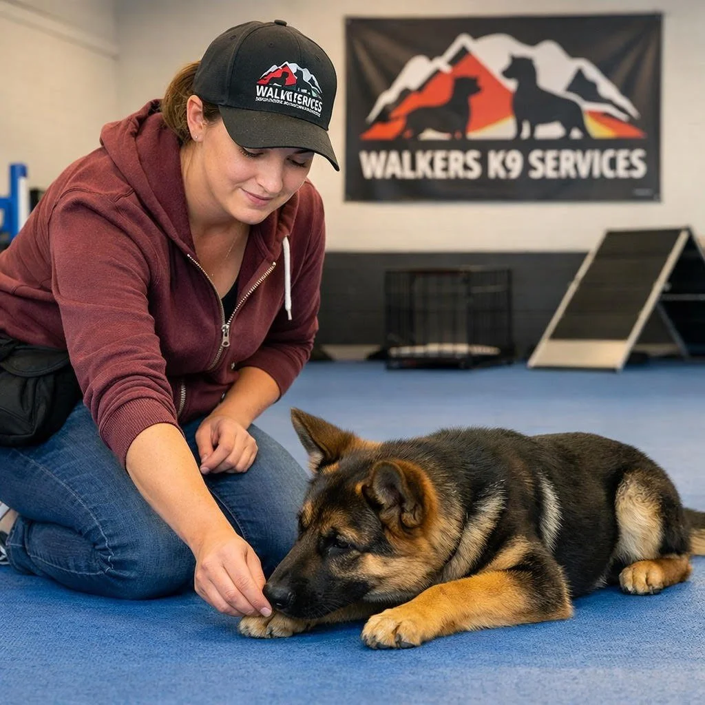 A woman in a maroon hoodie and baseball cap kneels on a blue mat, petting a puppy lying on the floor. The background features a black banner with mountain and dog silhouettes that says 'WALKER'S K9 SERVICES'.