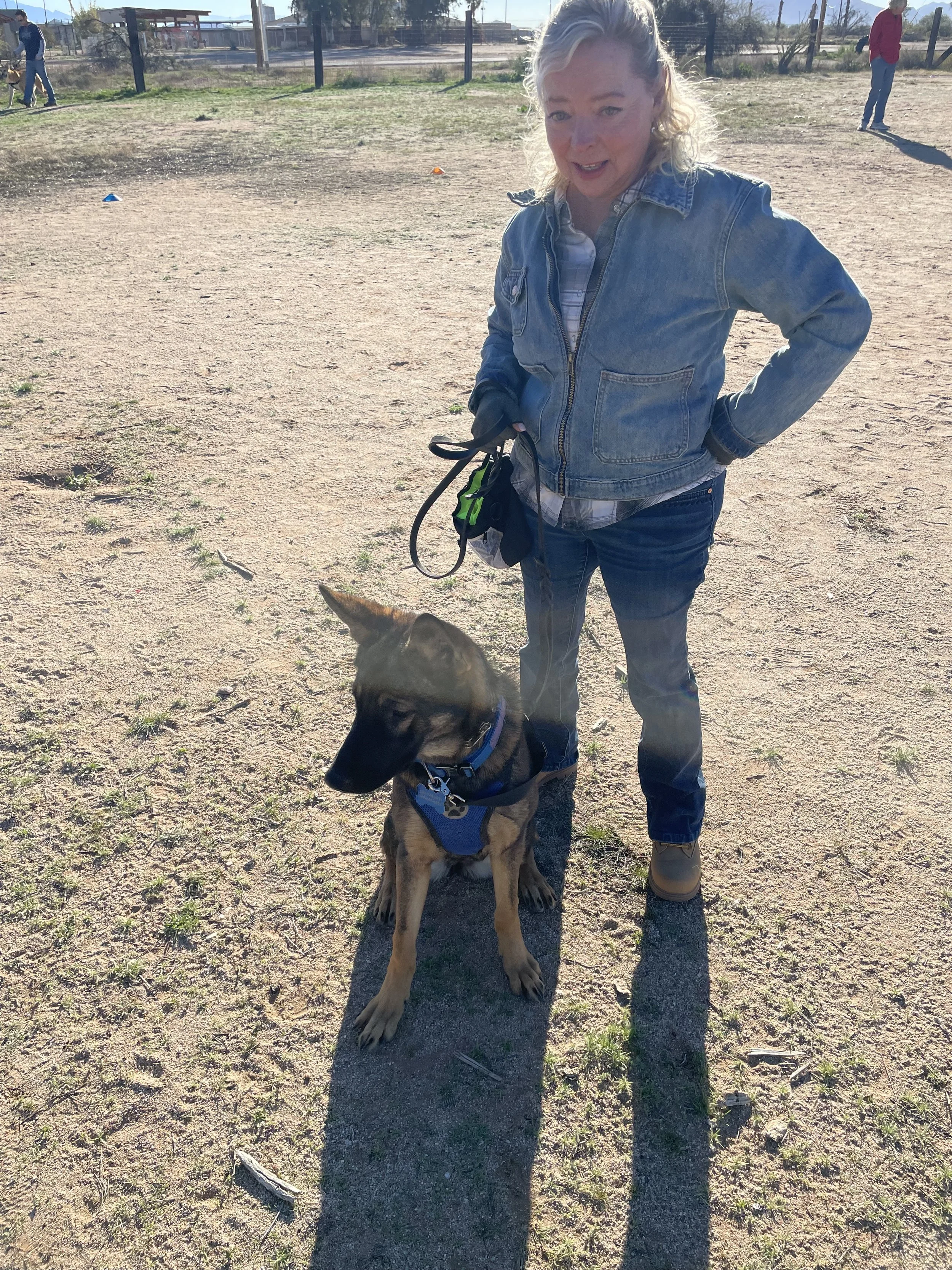 A woman in a denim jacket standing next to a dog in a harness at a park on a sunny day.