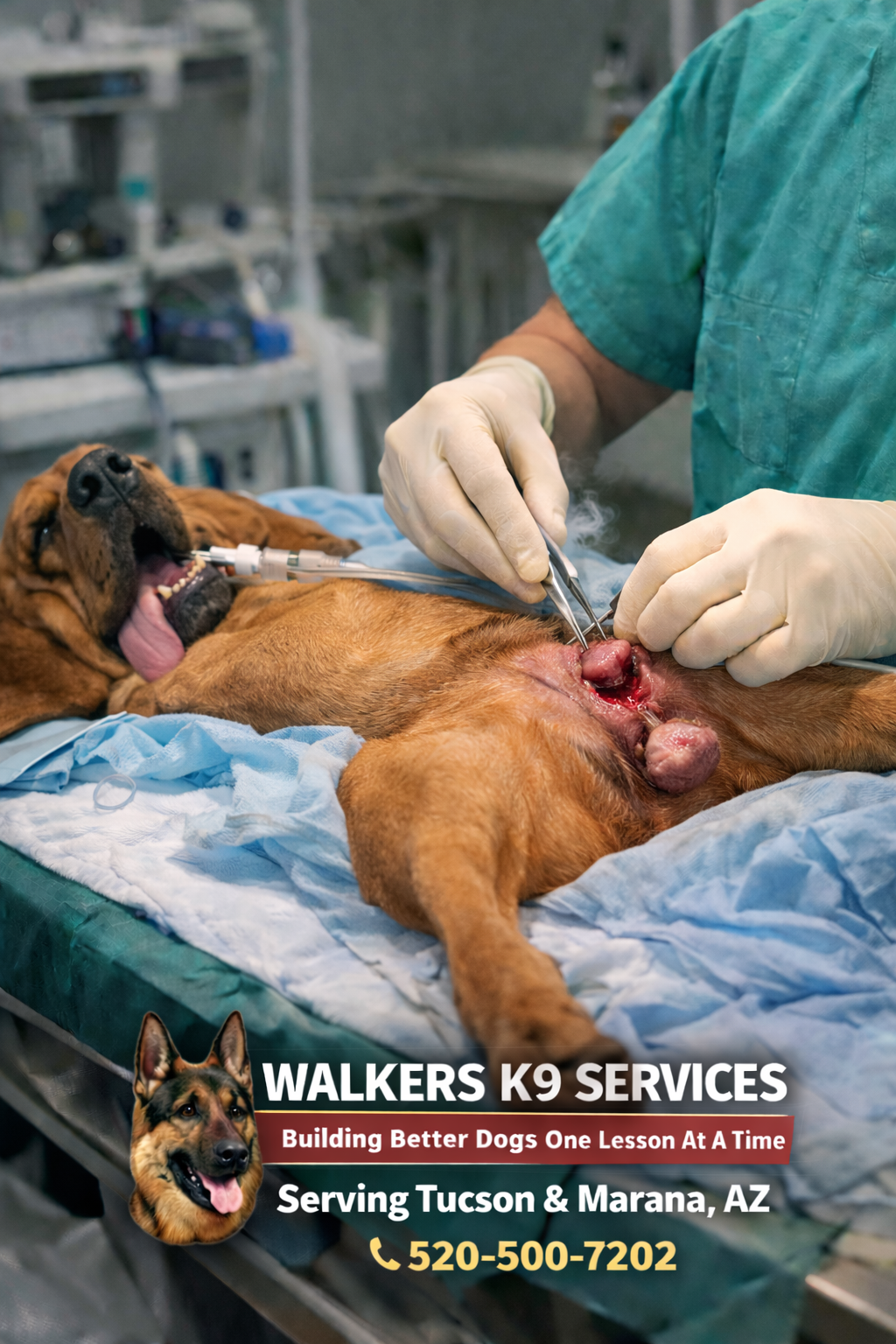 Veterinarian performing surgery on a dog lying on an operating table, with medical tools and equipment in the background. The image promotes Walkers K9 Services, an animal service with contact information and a slogan about building better dogs.