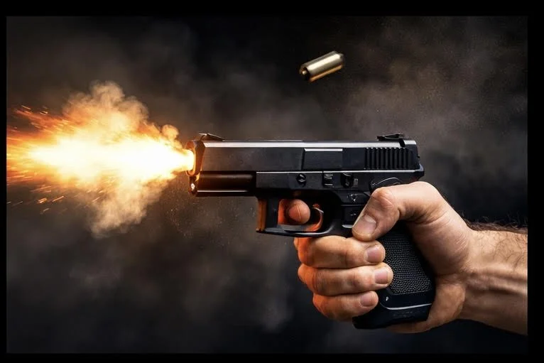 A person firing a handgun, with a spent bullet casing seen mid-air, and muzzle flash from the gun.