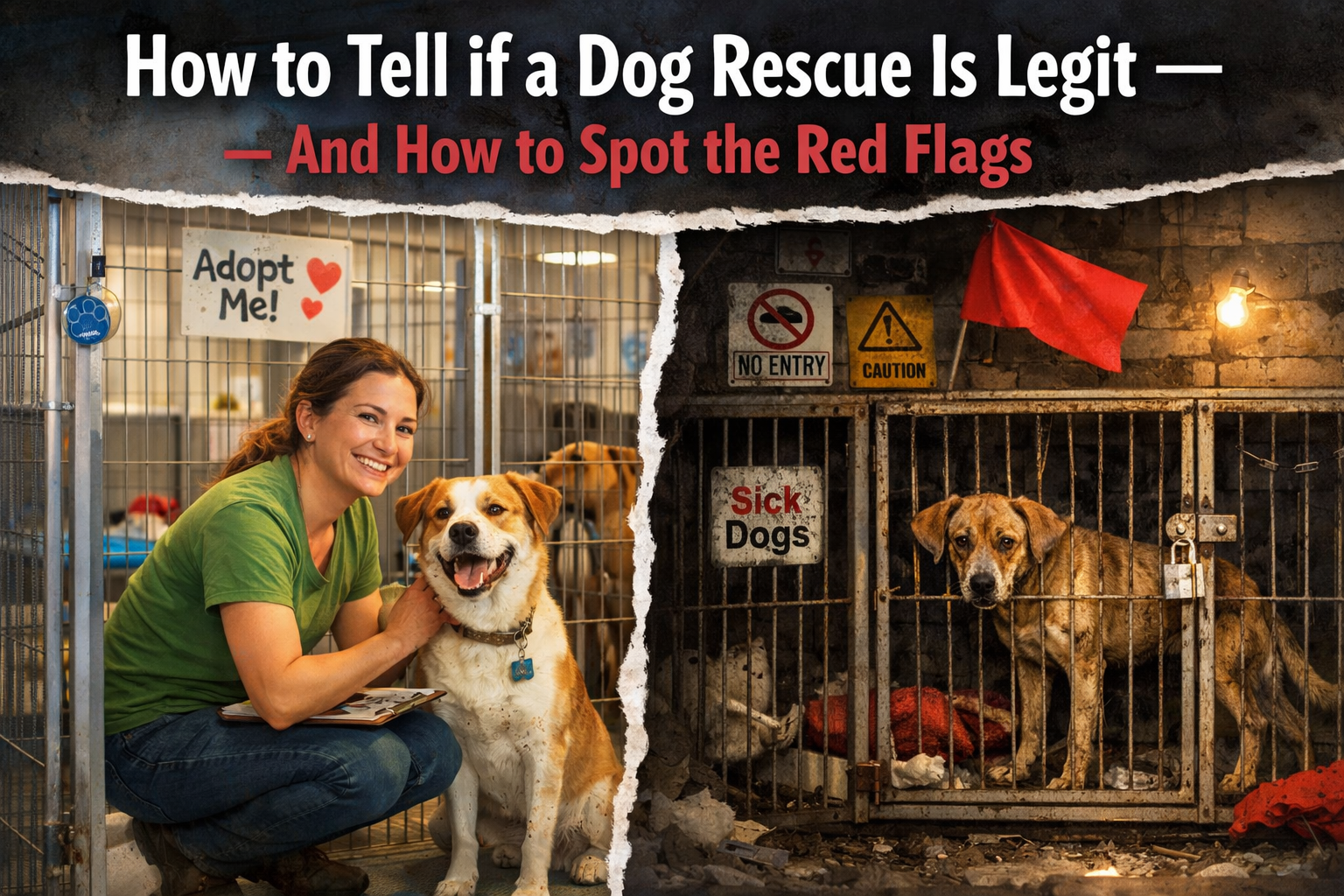 A collage showing two images - on the left, a cheerful woman with a clipboard smiling with a happy dog inside a clean shelter; on the right, a sad dog in a dark, dirty cage with warning signs like 'No Entry' and 'Sick Dogs', and a red flag in a neglected environment.