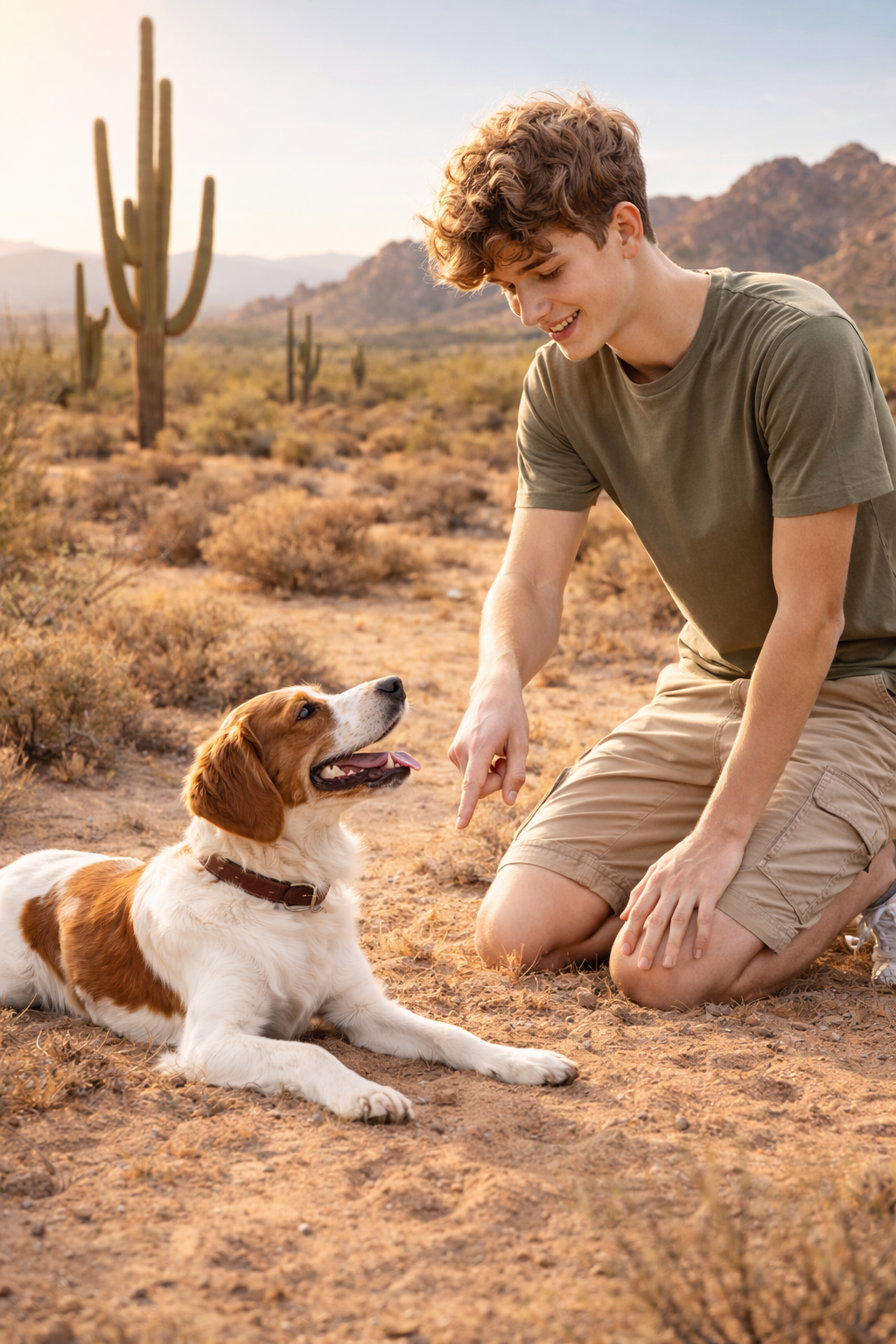A young man kneeling on the desert ground, pointing at a happy, sitting dog with a brown and white coat. The background features desert vegetation, mountains, and cacti with a clear sky.
