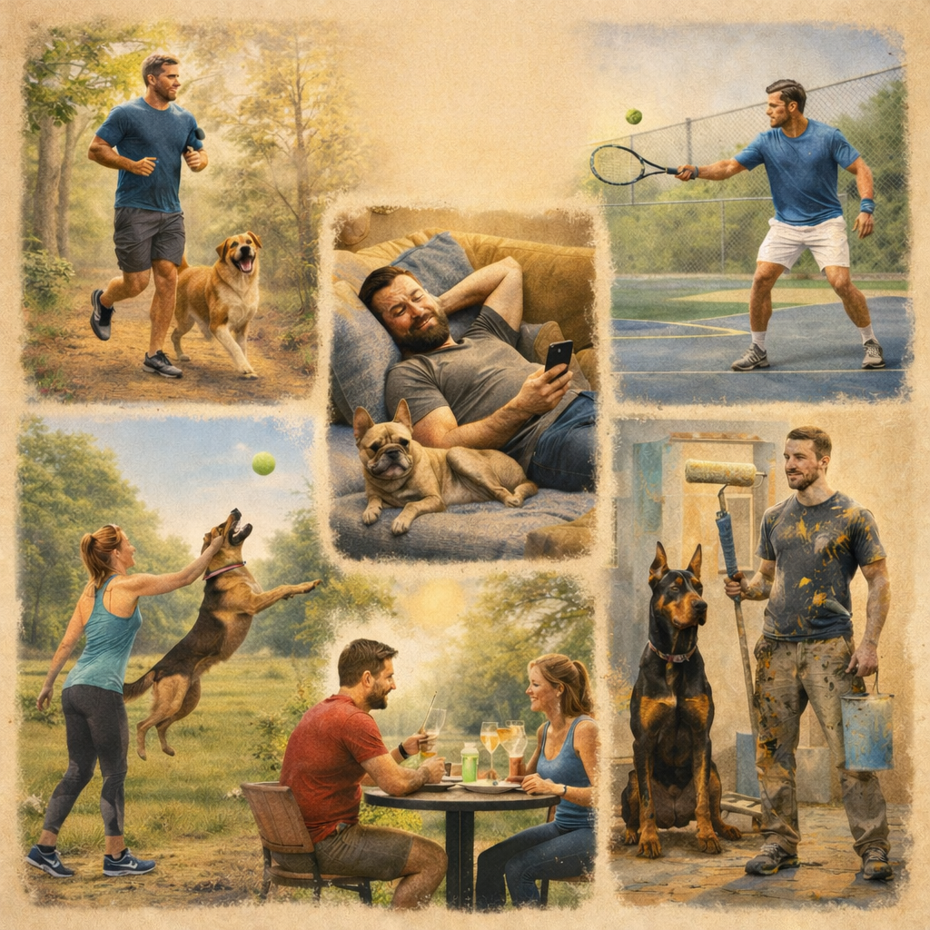 Collage of people engaging in outdoor activities with dogs, relaxing at home, playing tennis, painting, and enjoying dinner together.