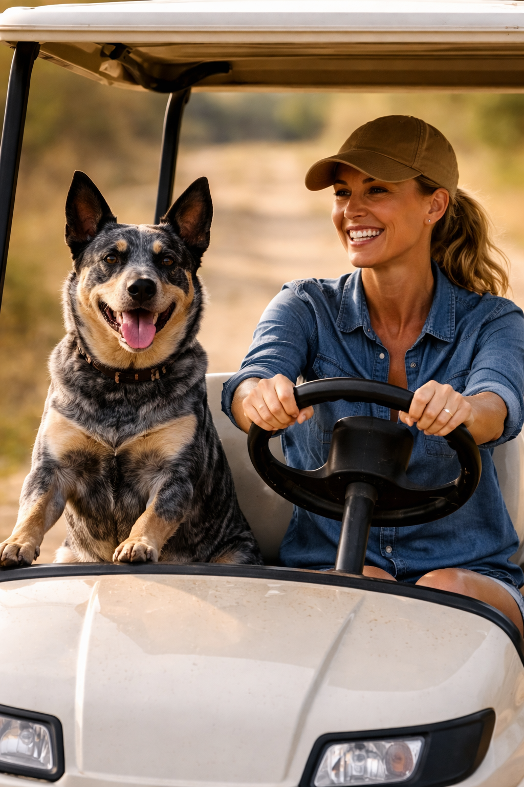 A woman and a dog riding in a golf cart outdoors, with the woman smiling and holding the steering wheel, and the dog sitting next to her with its tongue out.