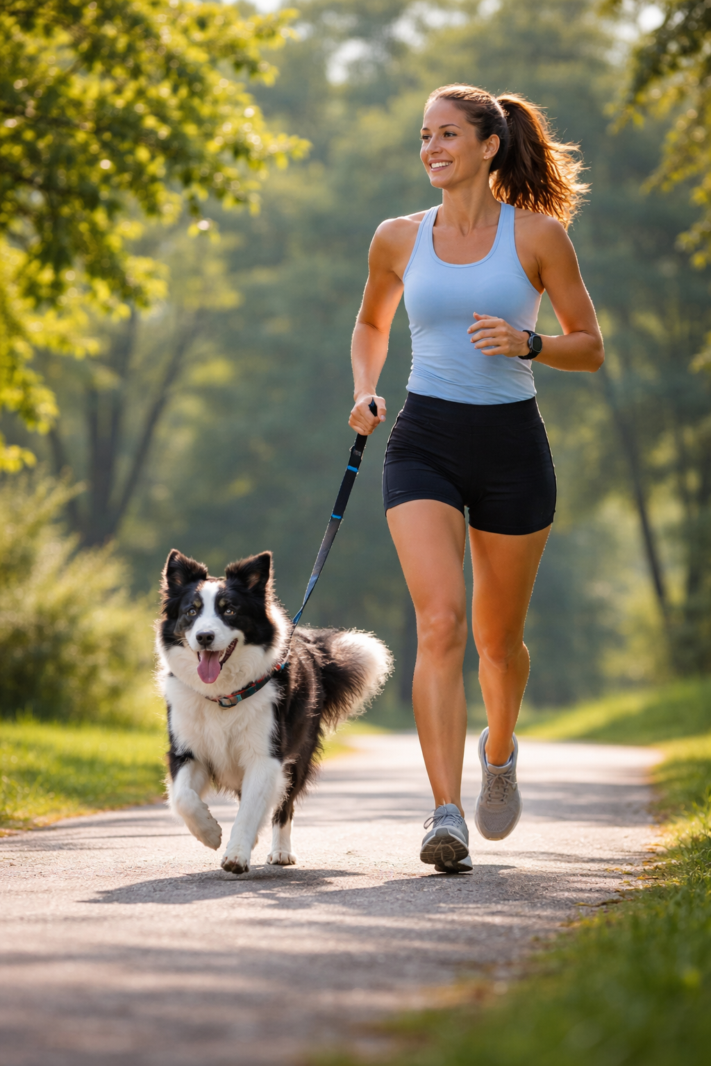 A woman jogging on a trail in a park with her border collie dog, surrounded by green trees and sunlight.