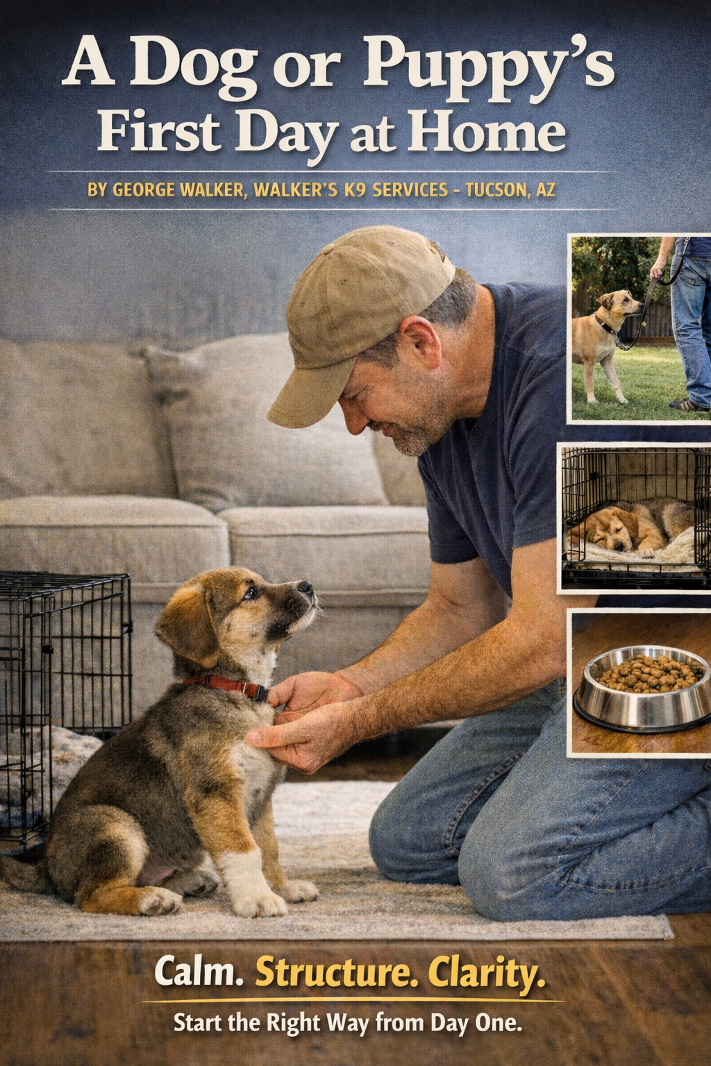 Cover page of a book titled "A Dog or Puppy’s First Day at Home" showing a man kneeling and smiling at a puppy inside a crate. There are three smaller inset photos: a dog on a leash outdoors, a puppy sleeping inside a crate, and a bowl of dog food. Text at the bottom reads "Calm. Structure. Clarity. Start the Right Way from Day One."