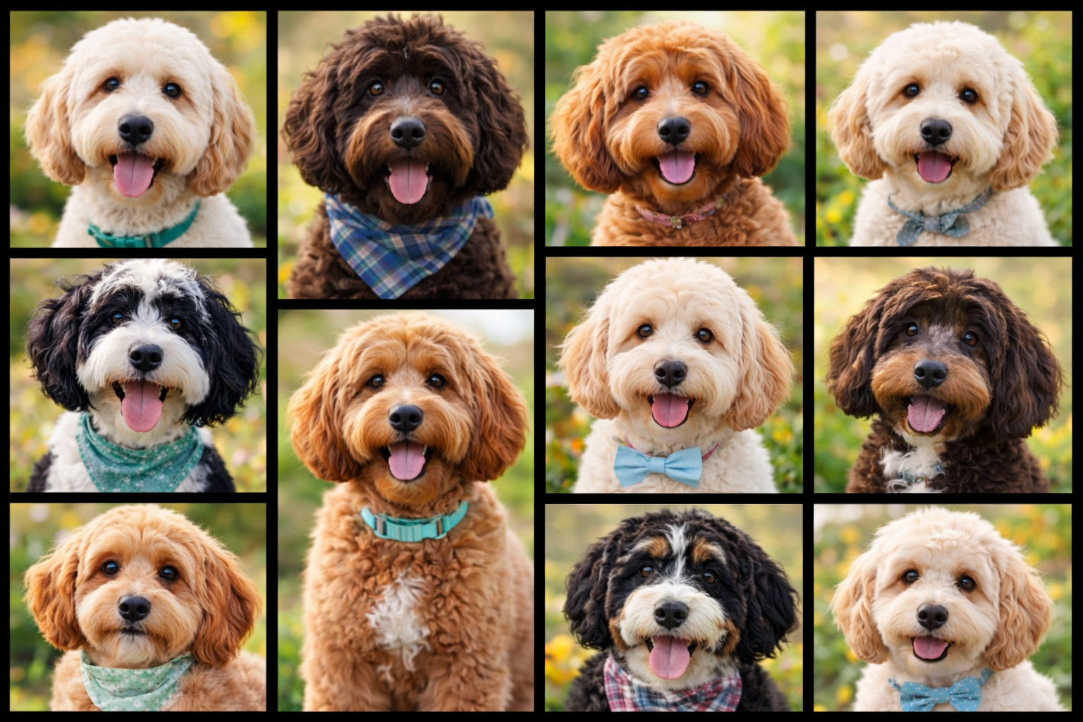 Collage of twelve adorable dogs, each with a joyful expression, set outdoors with blurred nature background. The dogs vary in color and breed, many wearing bandanas or collars, some with bows or distinctive fur patterns.