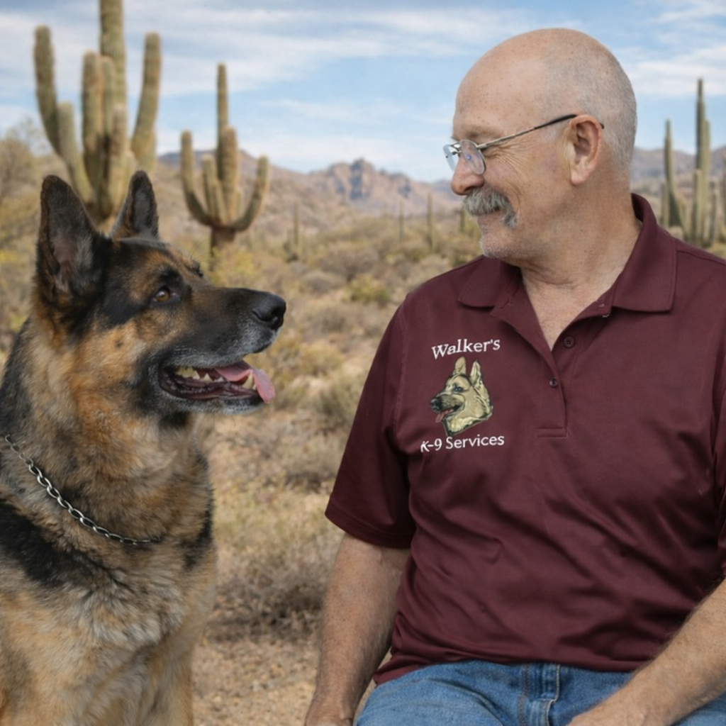 A man in a maroon polo shirt with a German Shepherd dog outdoors in a desert landscape with cacti and mountains in the background.