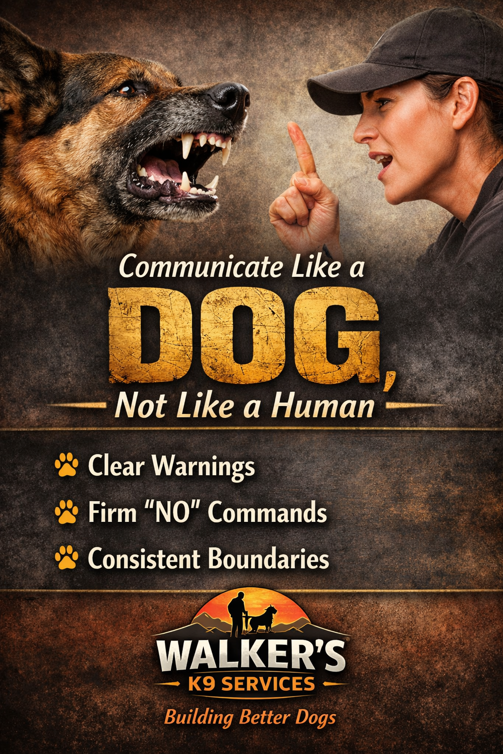 A woman addresses a snarling dog with sharp teeth in a warning stance. The image promotes dog training tips and services for better communication with dogs, provided by Walker's K9 Services, showing a silhouette of a person and a dog against a sunset.