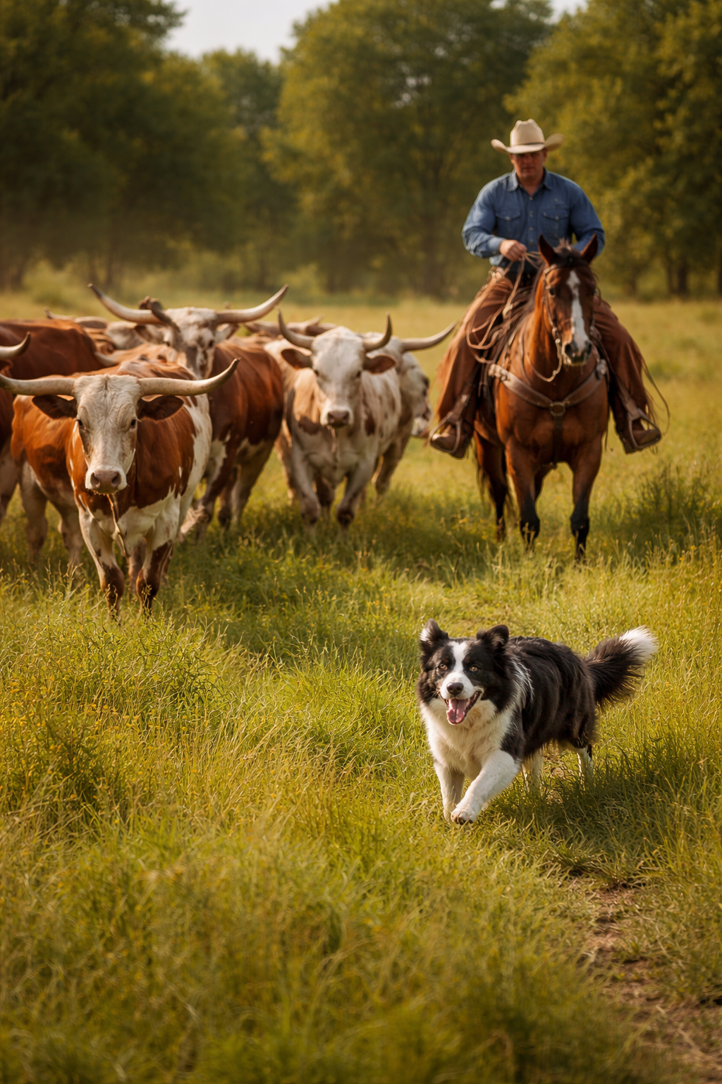 A cowboy riding a horse leads a herd of cattle across a grassy field, with a black and white Border Collie running ahead.