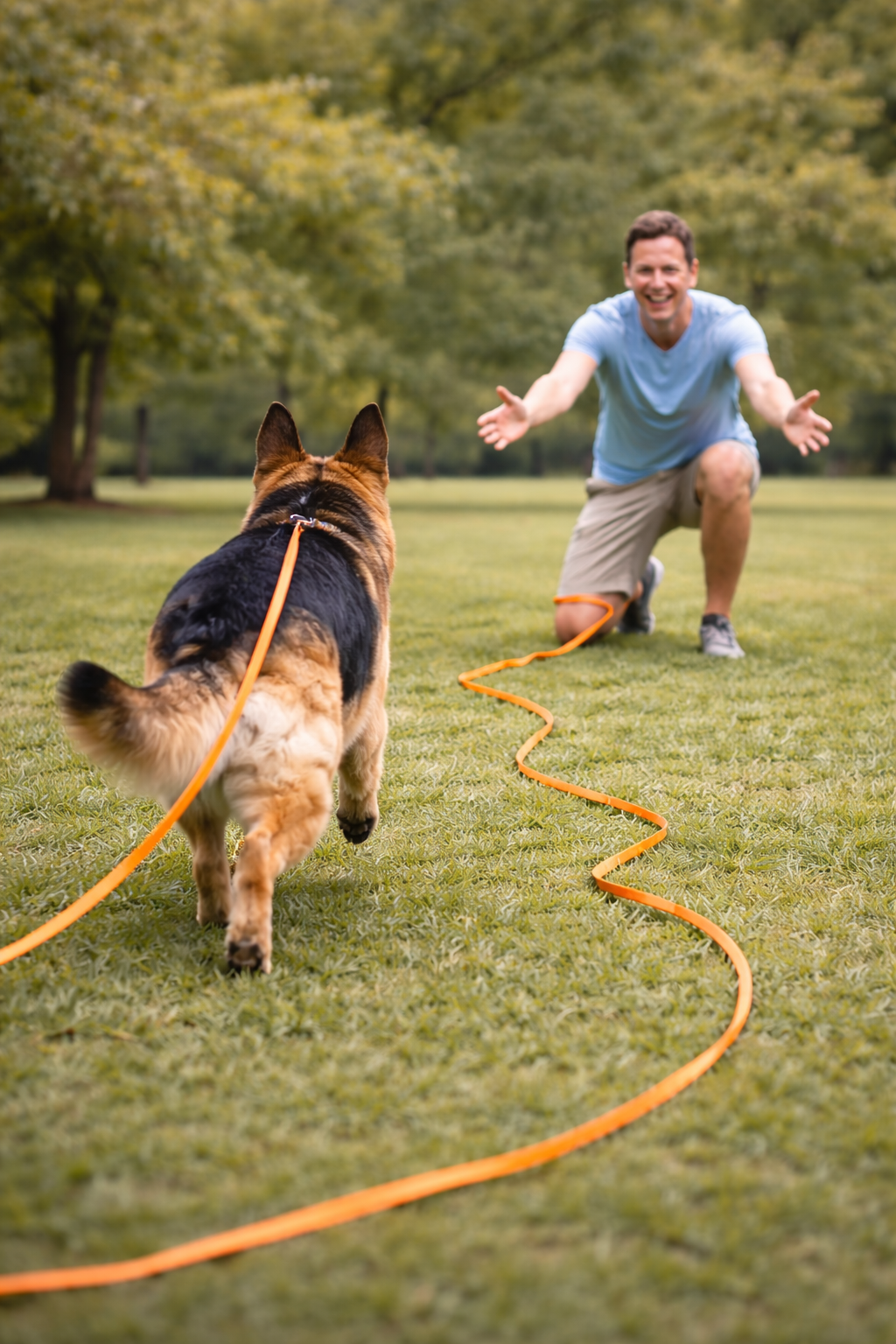 A man in a blue shirt and khakis kneeling with arms open, smiling at a dog in a park. The dog is on a leash and running toward the man across the grass.
