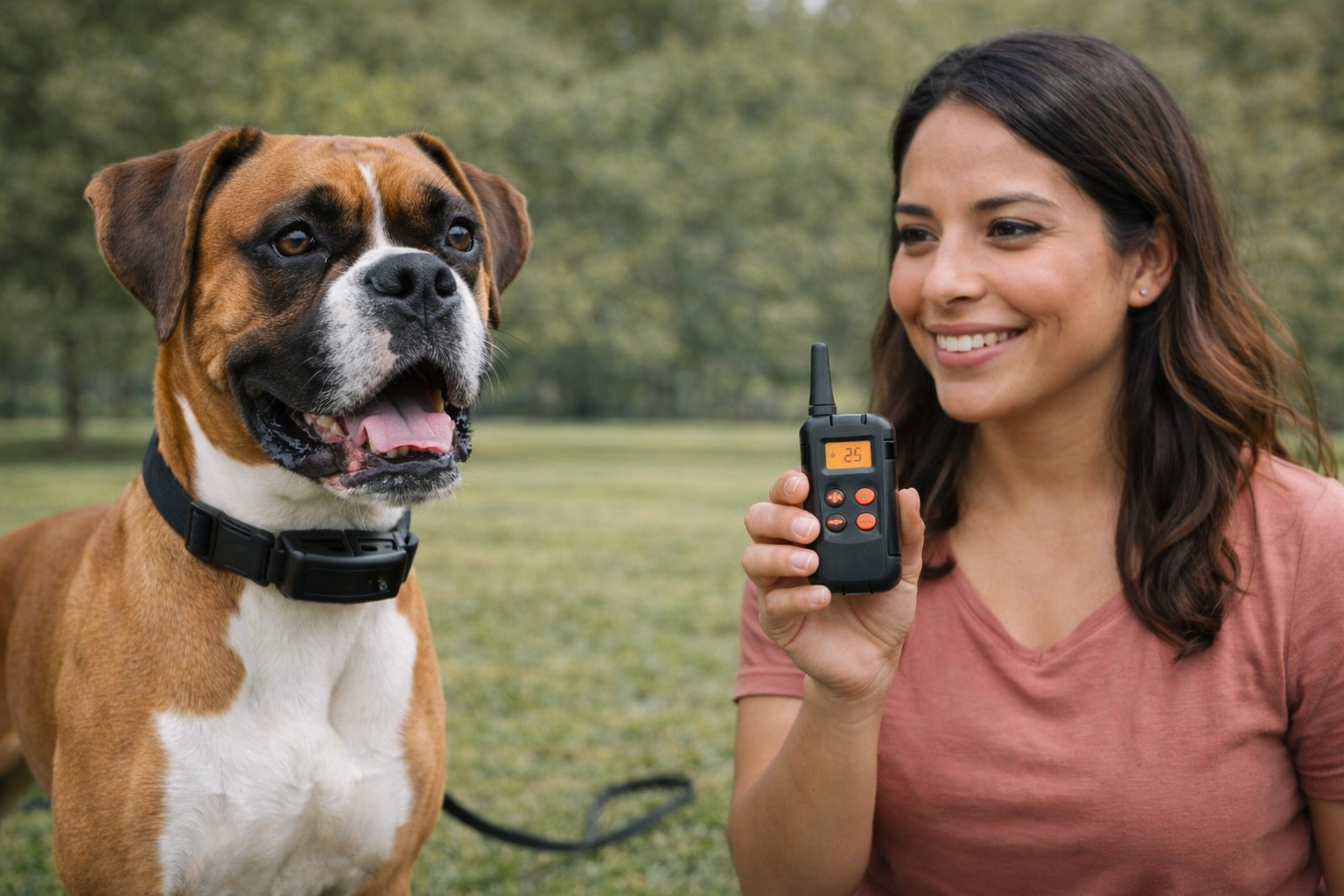 A woman smiling and holding a remote control, standing next to a happy dog with a black collar, in an outdoor park setting.