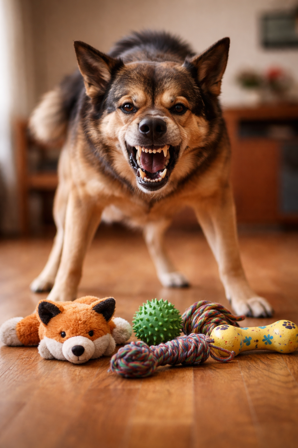 An angry-looking dog with bared teeth standing on hardwood floor in front of toys, including a stuffed fox, a green spiky ball, a colorful rope, and a yellow bone-shaped chew toy.
