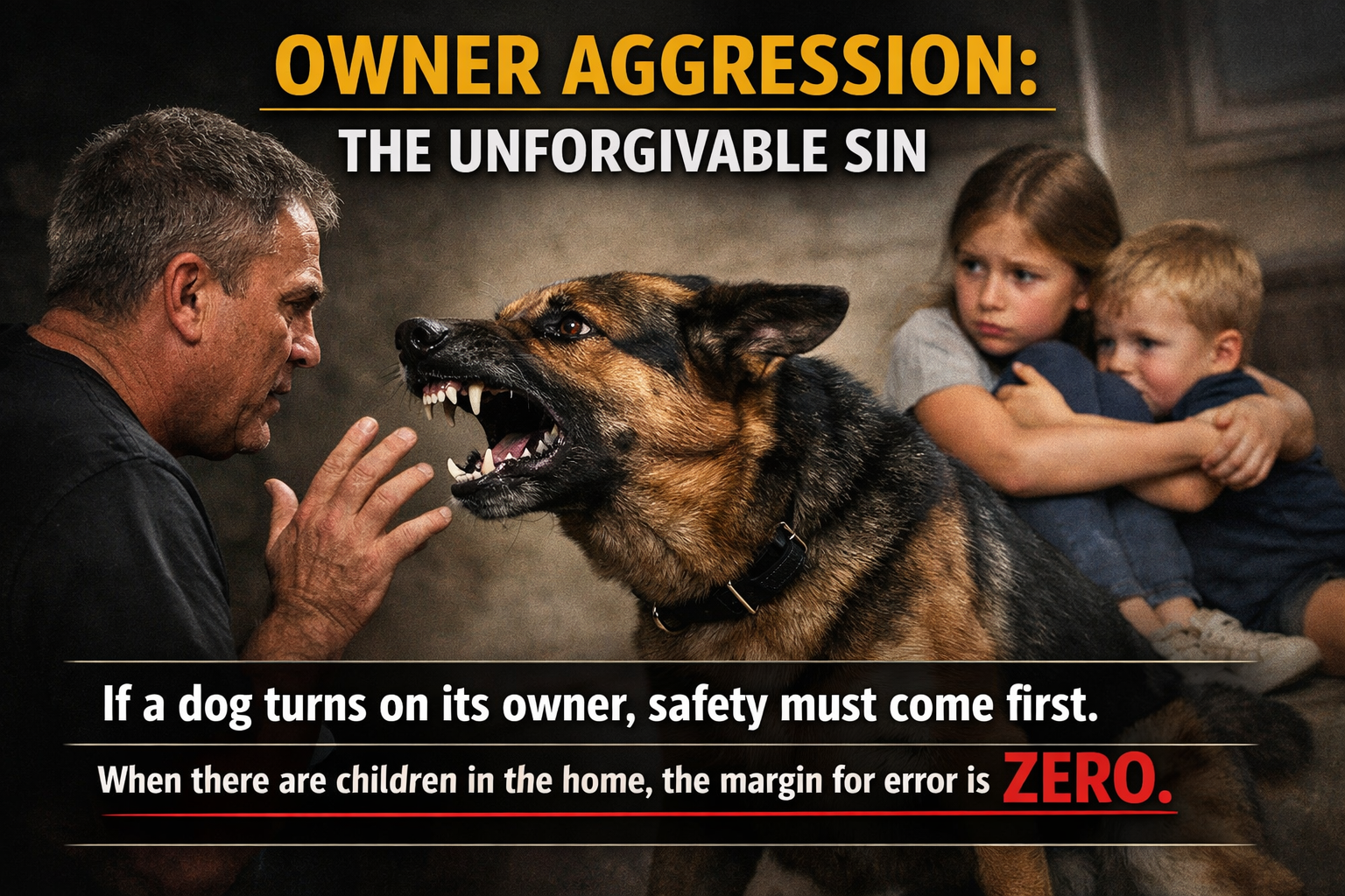 A man is arguing with a snarling German Shepherd dog, which is directed towards him. Two children are sitting in the background, hugging each other with worried expressions. The image contains a bold warning about dog owner aggression, emphasizing safety and zero tolerance when children are present.