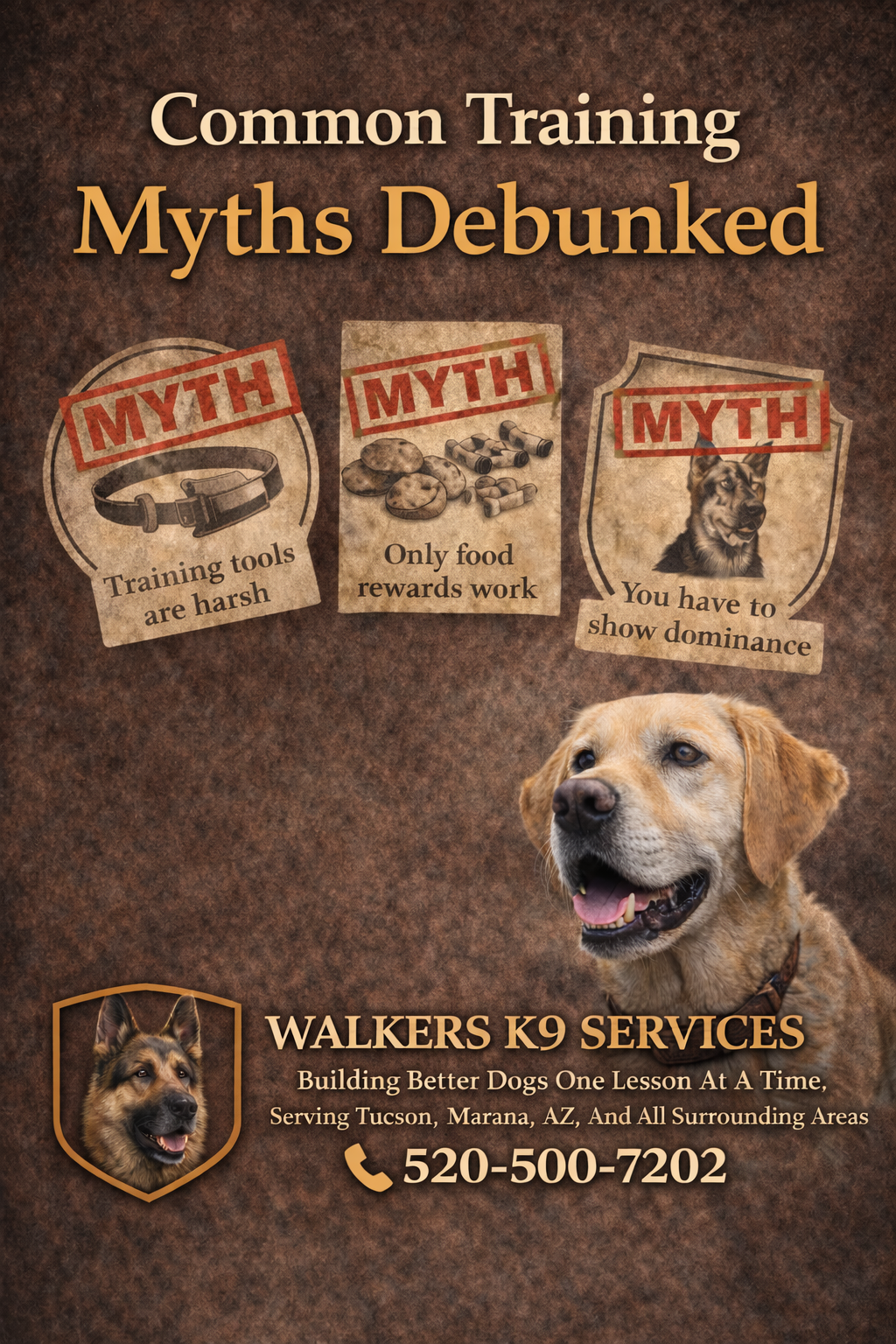 Flyer for Walkers K9 Services, debunking common training myths with images of a dog, a badge, and myth stamps, including contact information.