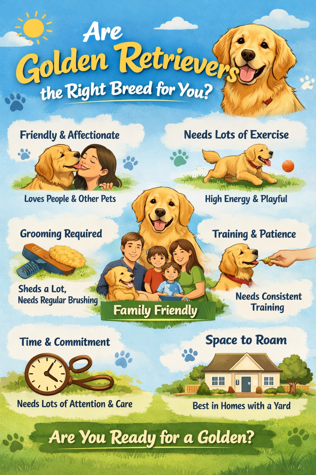 A colorful infographic with a golden retriever dog and family. It asks if golden retrievers are the right breed, listing traits like friendly, affectionate, needs exercise, high energy, playful, grooming needs, training, time commitment, space to roam, and family friendly.