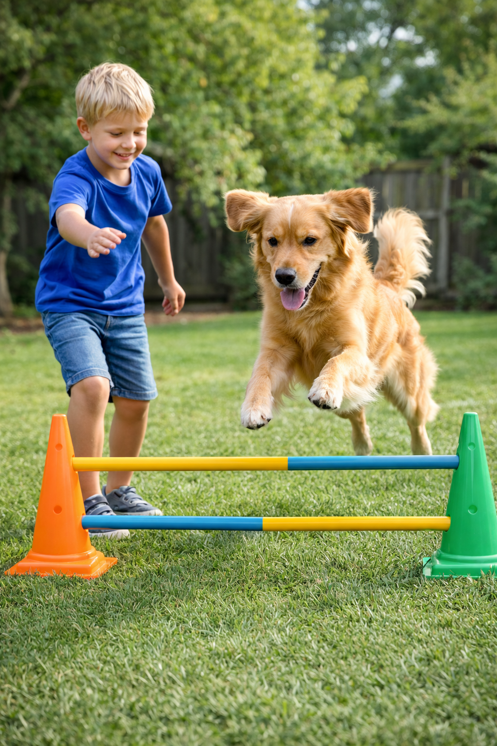 A young boy in a blue shirt and shorts happily running with a golden retriever dog as they jump over a small agility hurdle in a grassy backyard.