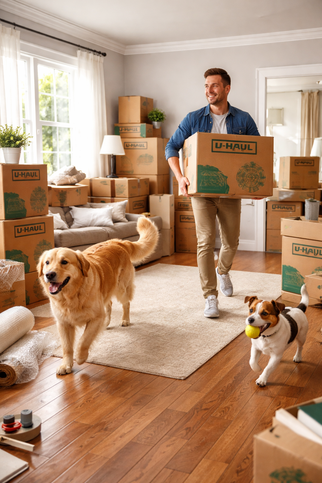 A man carrying a U-Haul box inside a living room, with two dogs playing; one golden retriever and one small dog with a ball in its mouth.