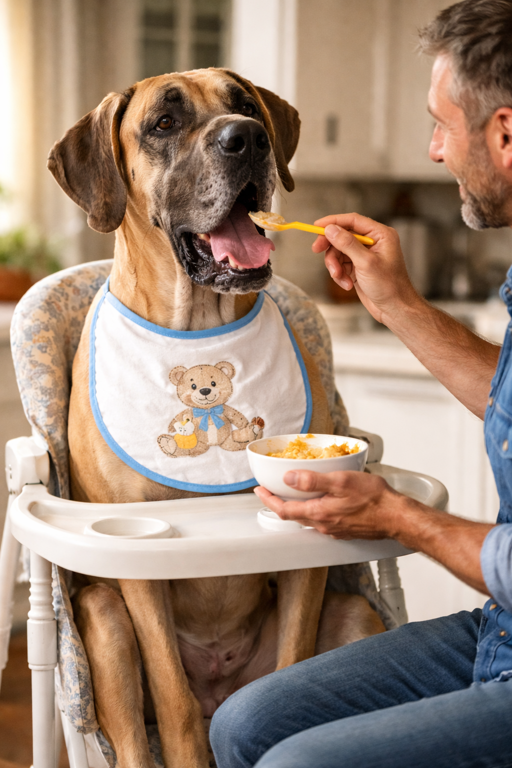 A man feeding a large dog with a yellow spoon at a high chair in a home kitchen. The dog is wearing a bib with a teddy bear on it and has its mouth open, ready to eat. The man is holding a bowl of food.