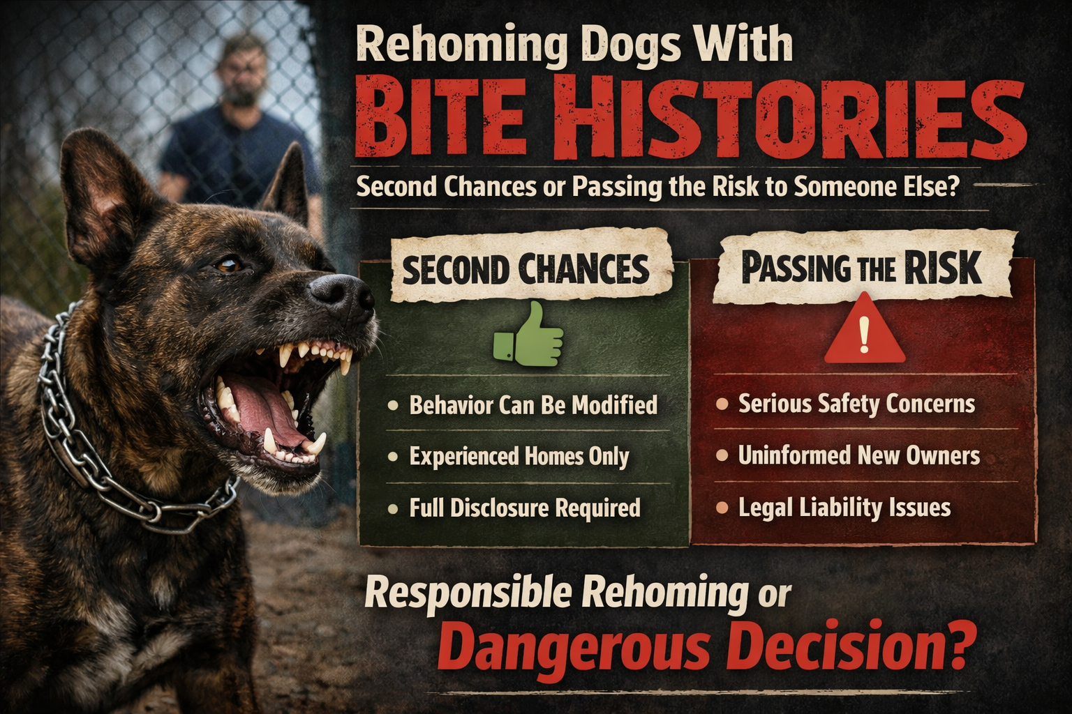 A graphic about rehoming dogs with bite histories highlighting the risks and considerations, showing a snarling dog in the foreground and a person in the background.