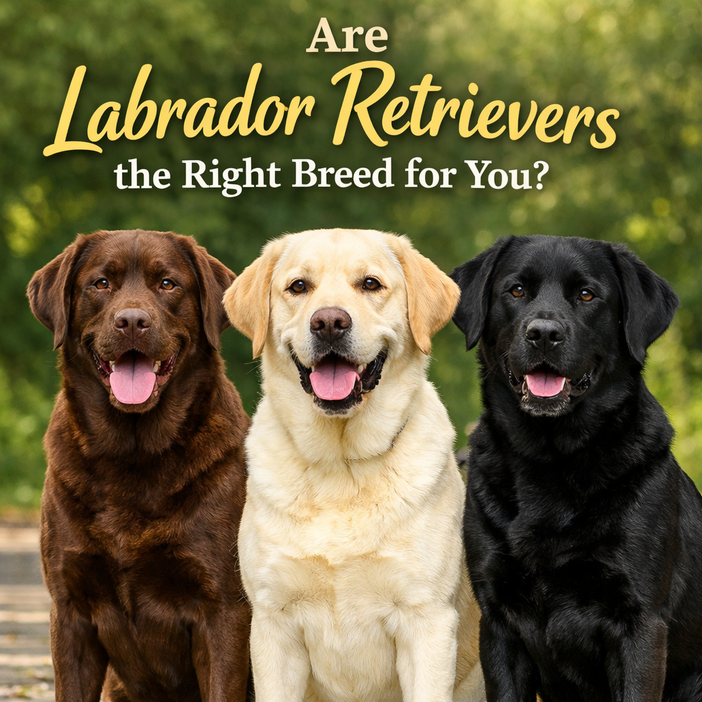 Three Labrador retrievers, one brown, one yellow, and one black, sitting outdoors with a blurred green background.