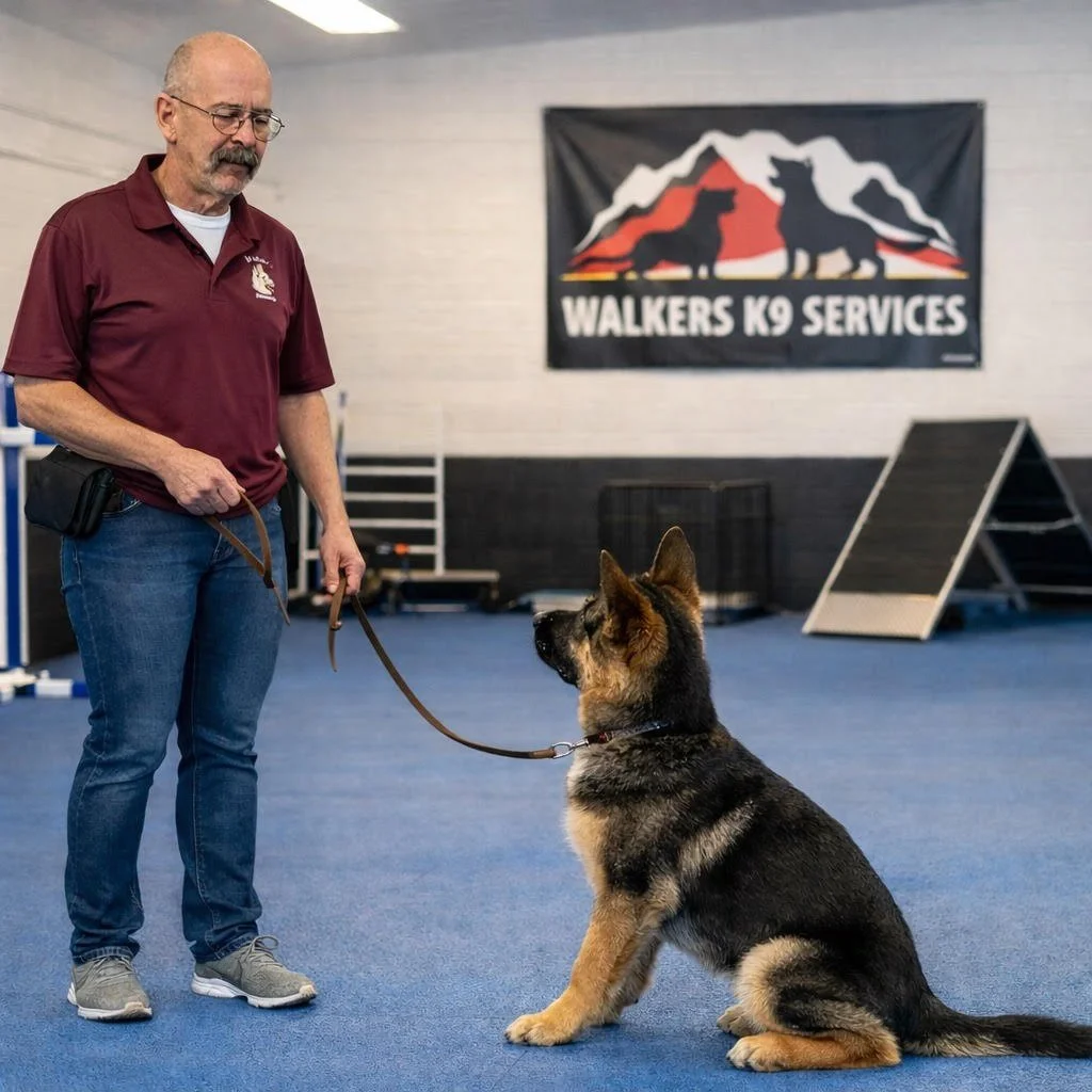 A man standing inside a training facility holding a leash attached to a German Shepherd dog that is sitting on the floor. In the background, a banner reads 'WALKERS K9 SERVICES' with a mountain and dog logo.