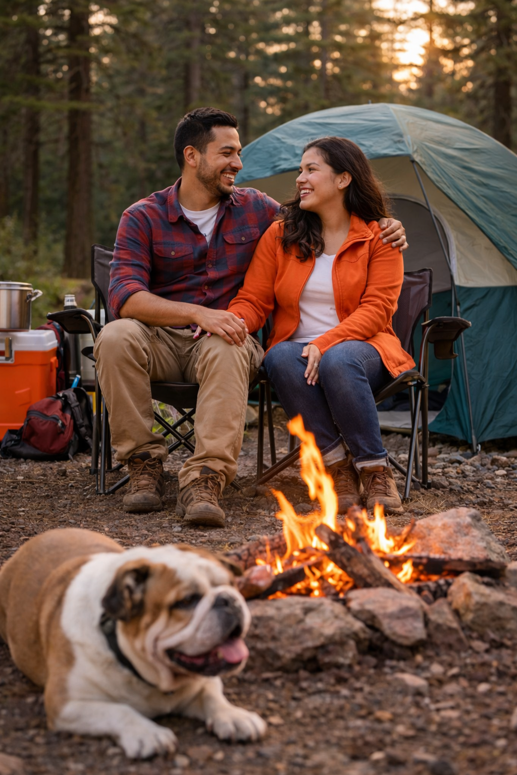 A couple sitting in camping chairs near a campfire with a dog lying in front and a tent in the background in a forested area at sunset.