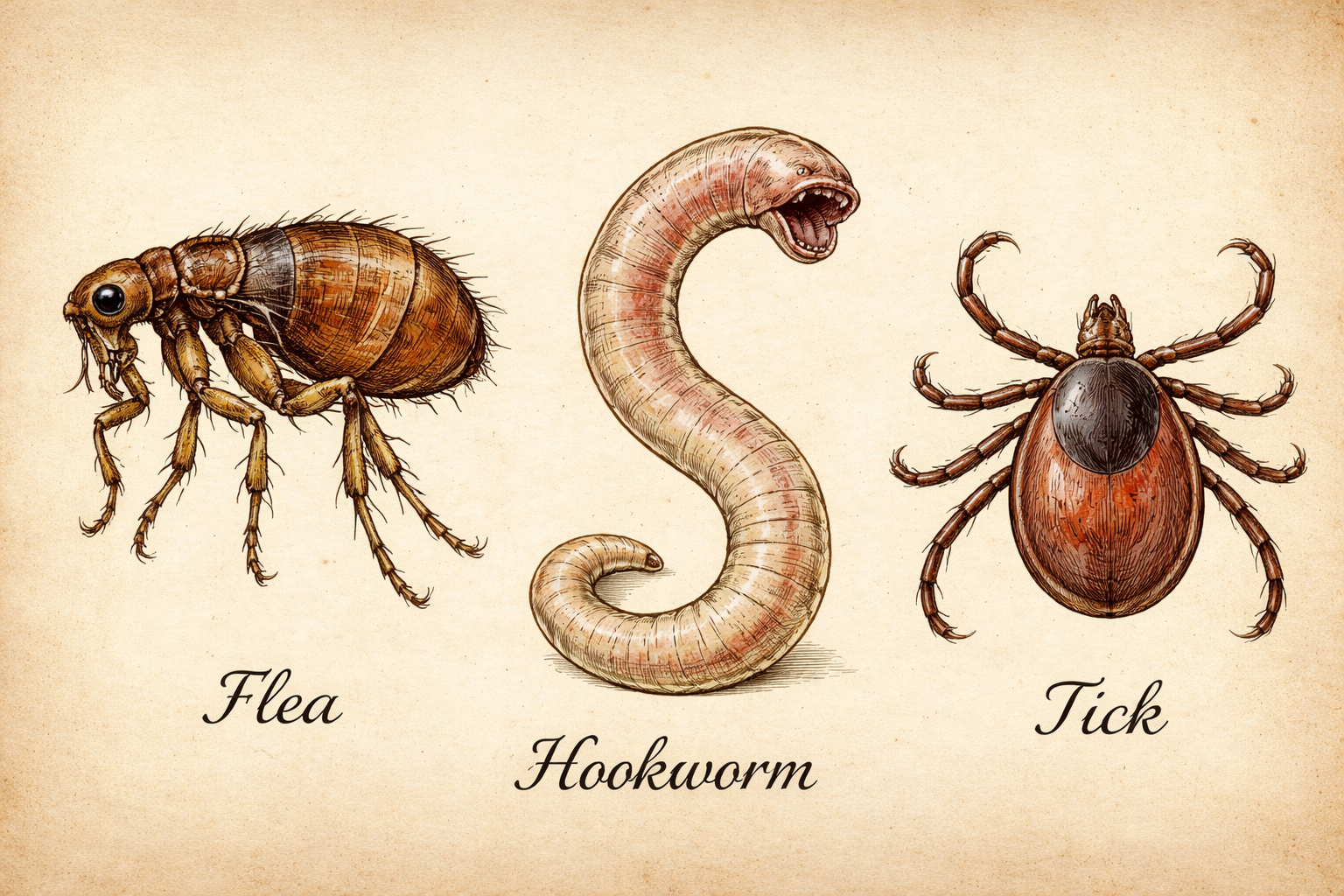Illustration of a flea, a hookworm with a head and mouth, and a tick, each labeled with their names.