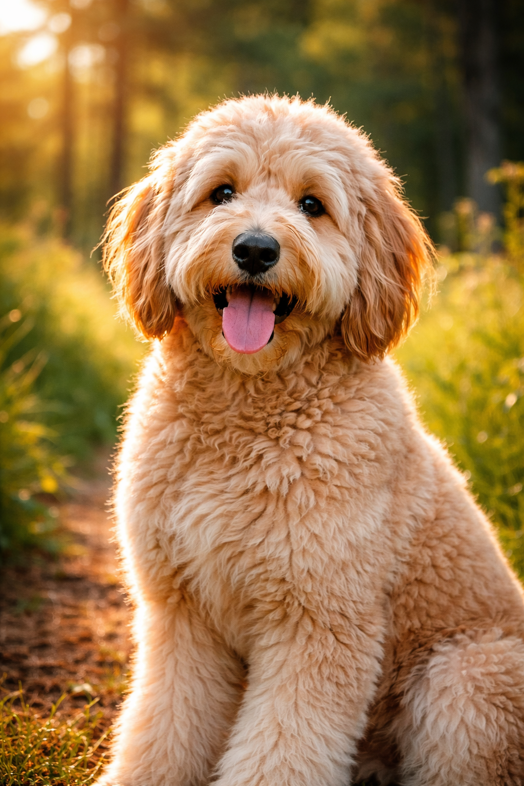 A fluffy, light-colored dog sitting outdoors in a natural setting during sunset, with trees and grass in the background.