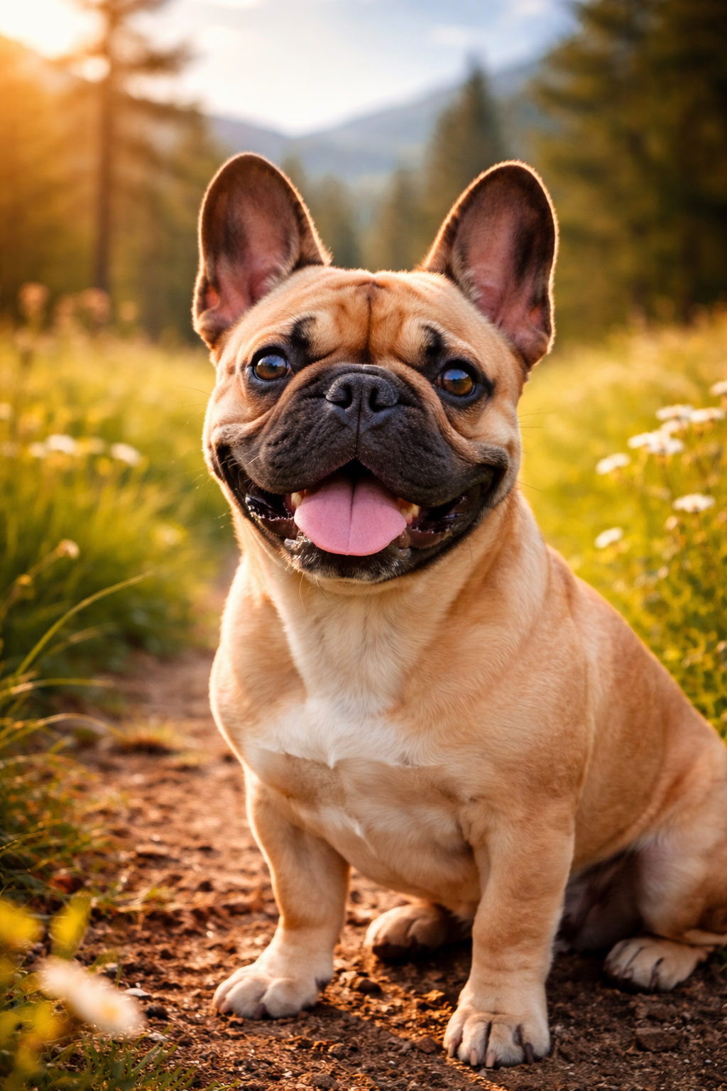 A happy French Bulldog sitting on a dirt path in a field of wildflowers, with trees and mountains in the background during sunset.