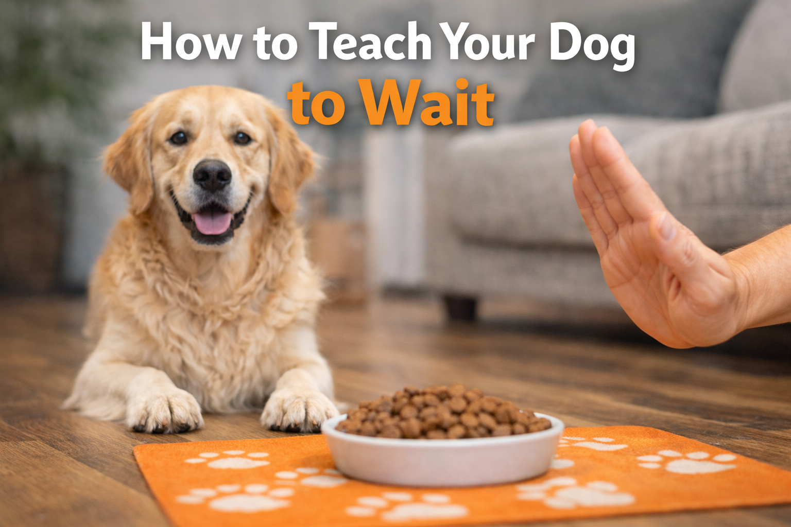 A golden retriever dog sitting on a wooden floor in front of a bowl of dry dog food on an orange mat with white paw prints, a person's hand forward in a stopping gesture, and text overlayed saying 'How to Teach Your Dog to Wait'.